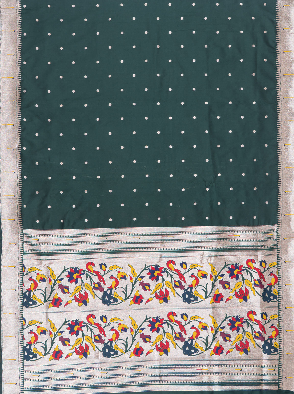 Bottle Green Apurva Silk Paithani Saree with Round gold zari butti, Multi colour Muniya border, Multi Pallu and Brocade blouse