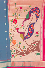 Dhoop Chaon Morpankhi Blue Katan Silk Paithani Saree with Meena butti, Muniya border and Dvi-Mayūra Vrikṣa