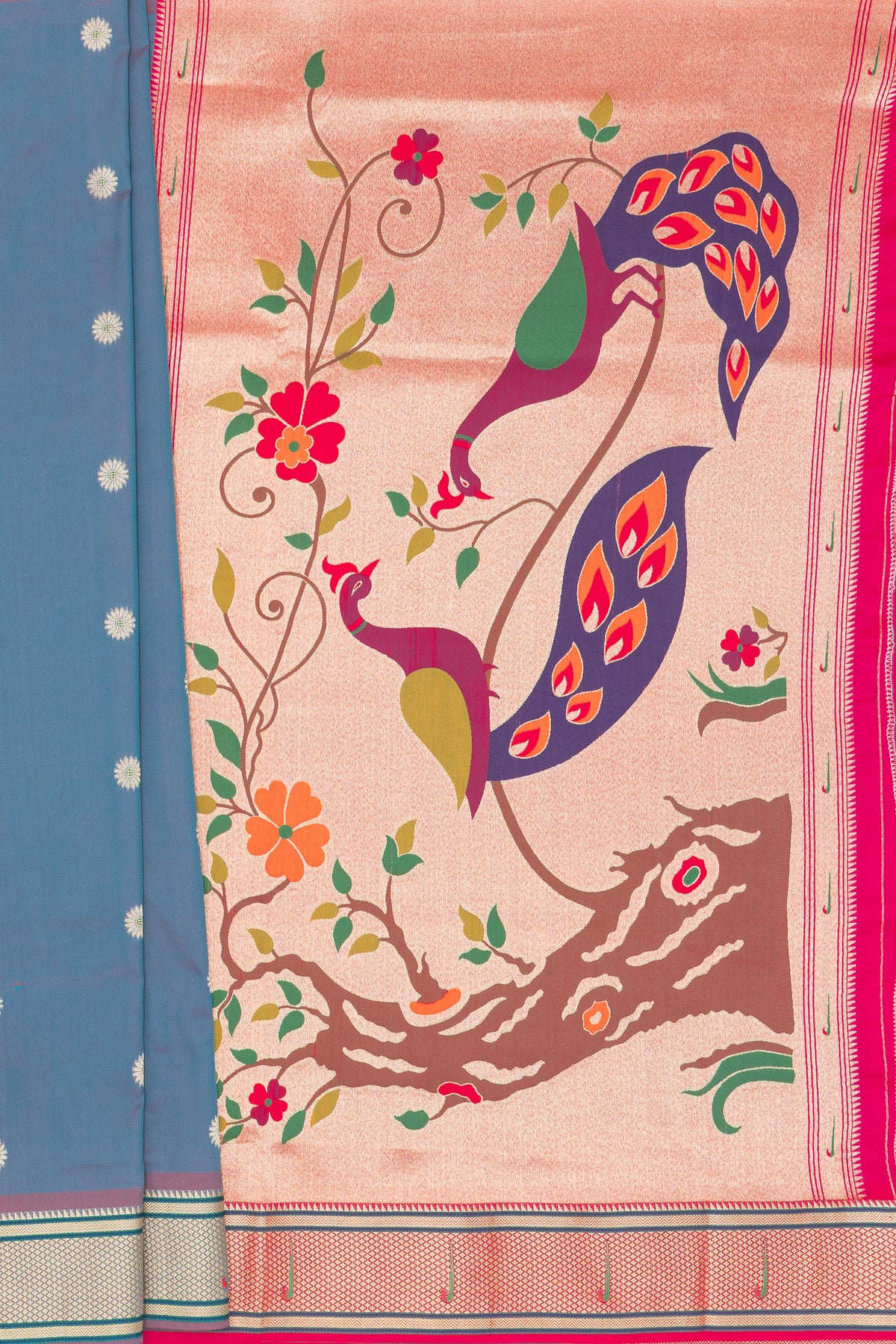 Dhoop Chaon Morpankhi Blue Katan Silk Paithani Saree with Meena butti, Muniya border and Dvi-Mayūra Vrikṣa