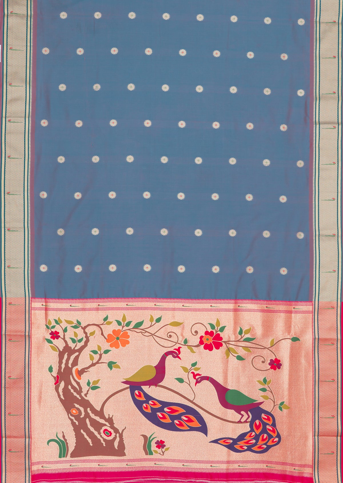 Dhoop Chaon Morpankhi Blue Katan Silk Paithani Saree with Meena butti, Muniya border and Dvi-Mayūra Vrikṣa