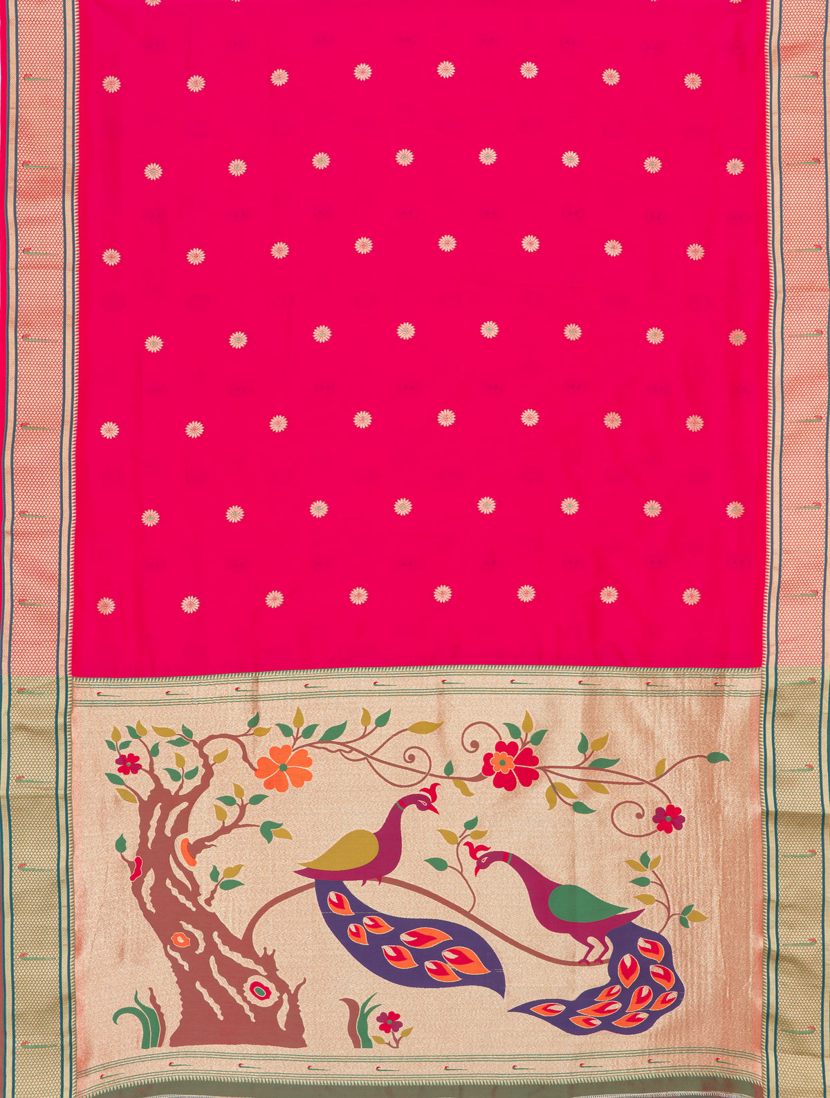 Rani Pink Katan Silk Paithani Saree with Meena butti, Muniya border and Dvi-Mayūra Vrikṣa