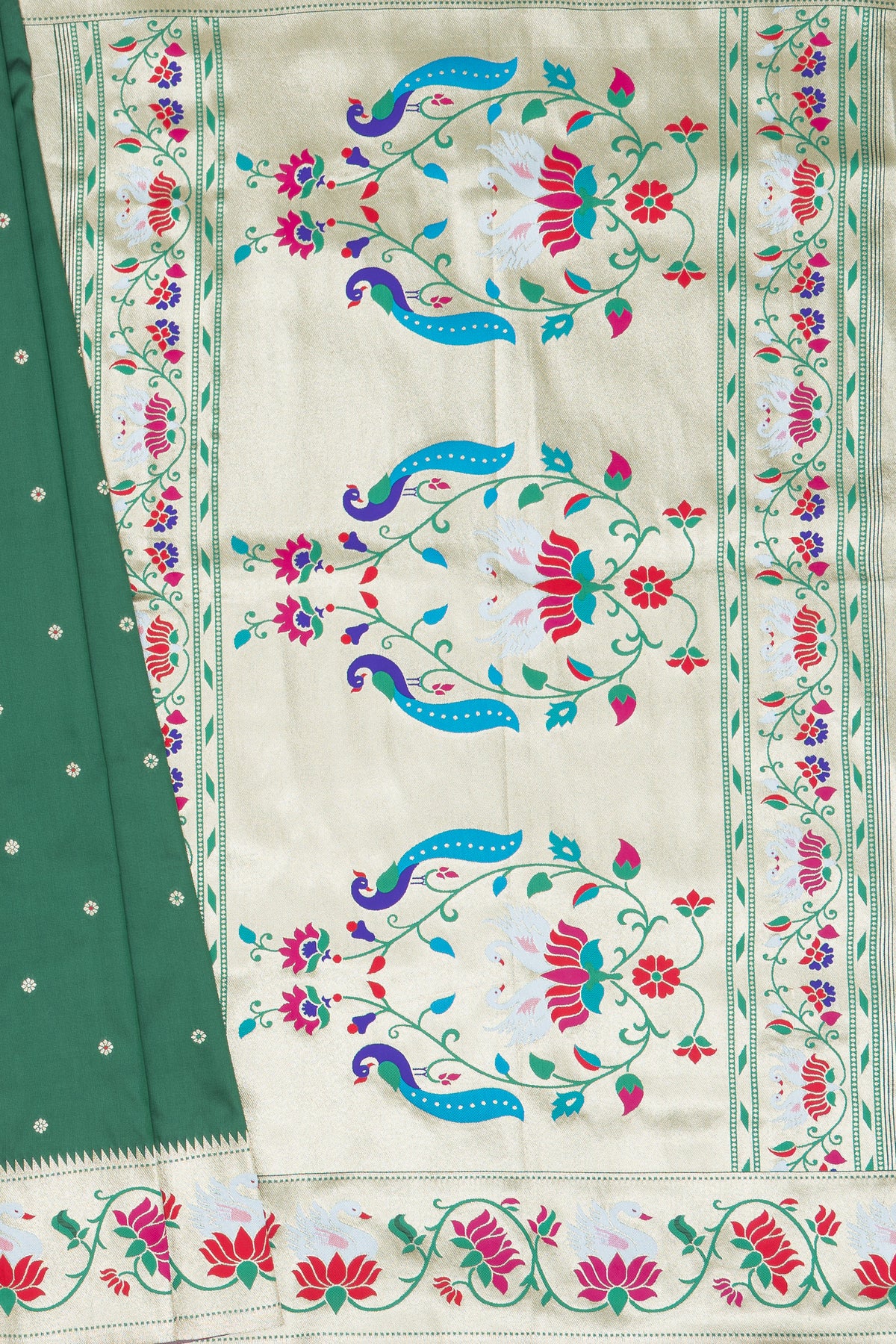 Bottle Green Apurva Silk Paithani Saree with Star Meena butti, and Rajhans Pallu