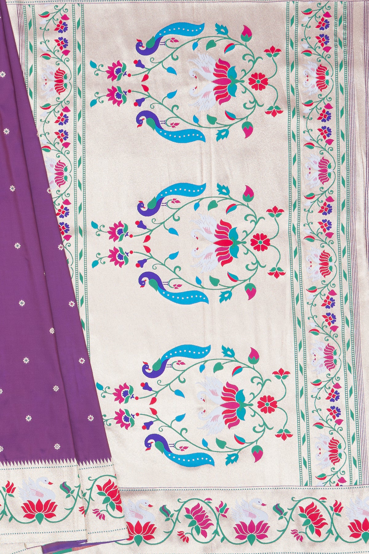Royal Purple Apurva Silk Paithani Saree with Star Meena butti, and Rajhans Pallu