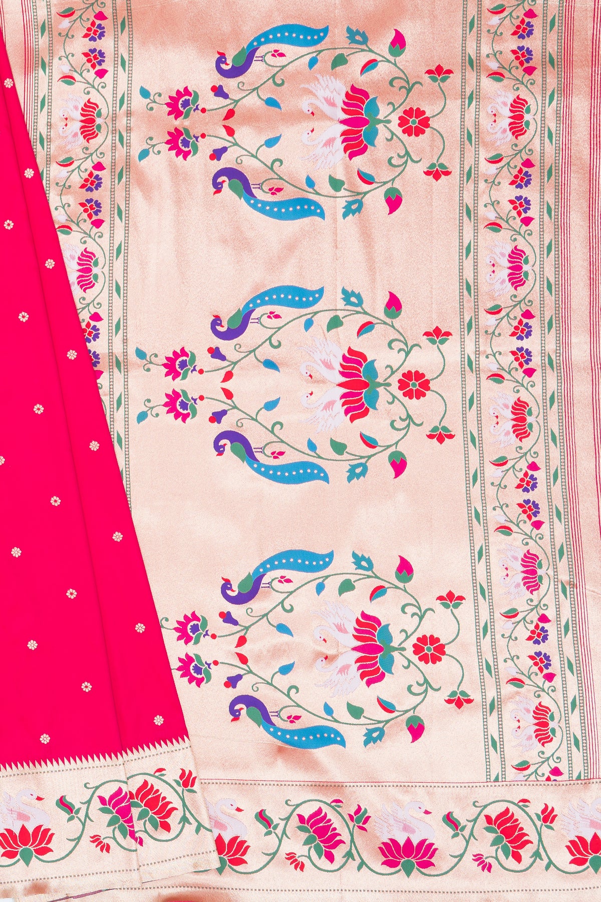 Rani Pink Apurva Silk Paithani Saree with Star Meena butti, and Rajhans Pallu