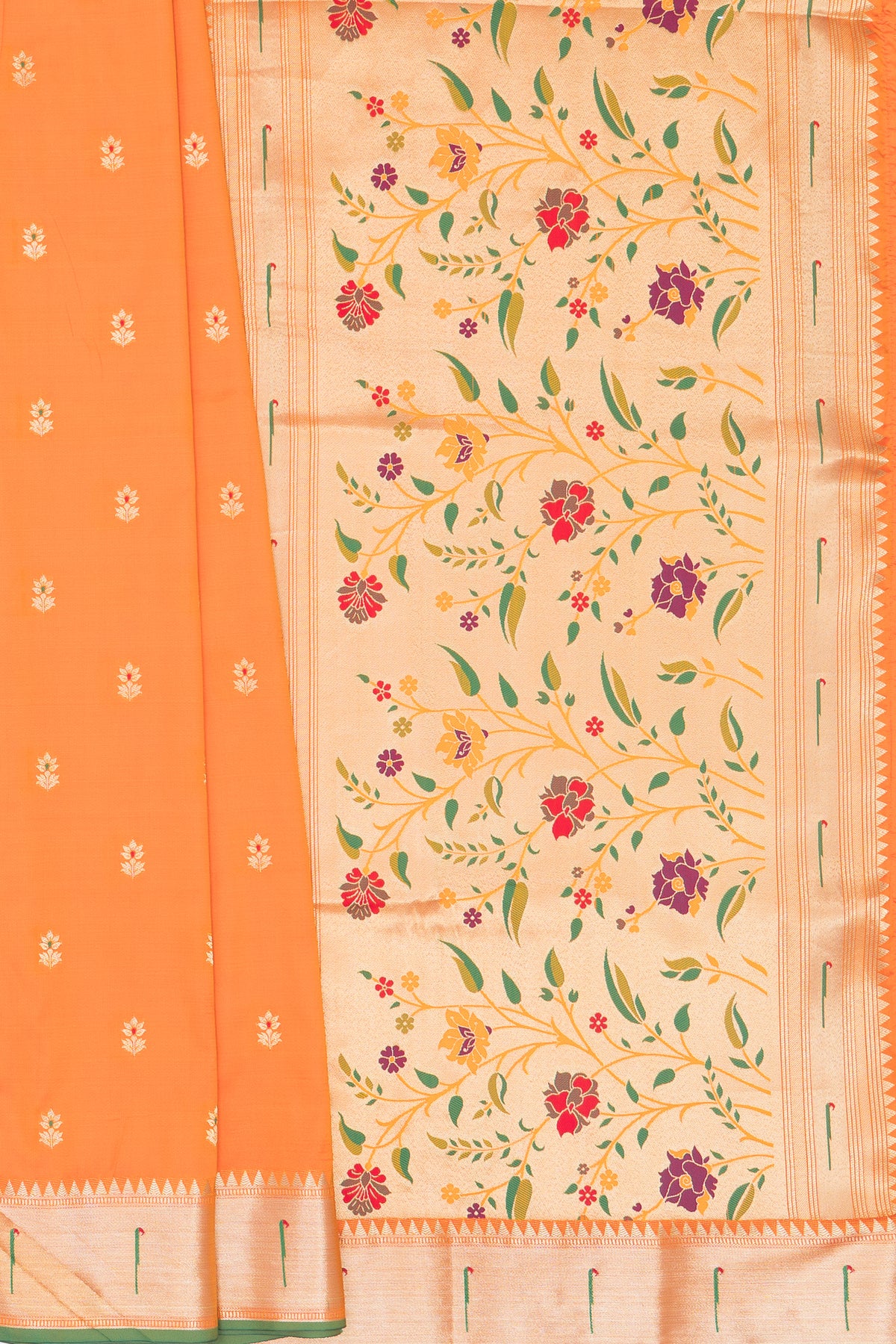 Kesari Orange Katan Silk Paithani Saree with Rose Meena butti, Munya border and Brocade blouse