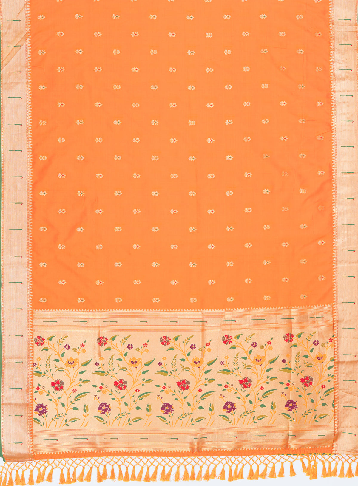 Kesari Orange Katan Silk Paithani Saree with Rose Meena butti, Munya border and Brocade blouse
