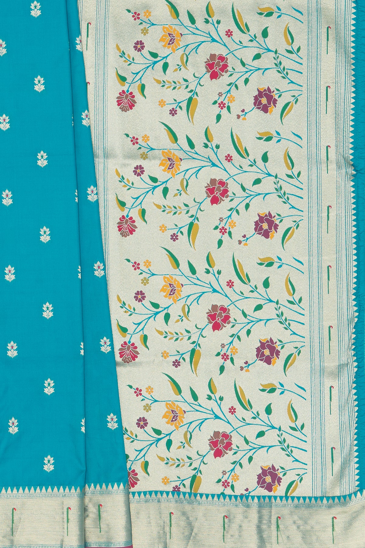 Morpankhi Blue Katan Silk Paithani Saree with Rose Meena butti, Munya border and Brocade blouse