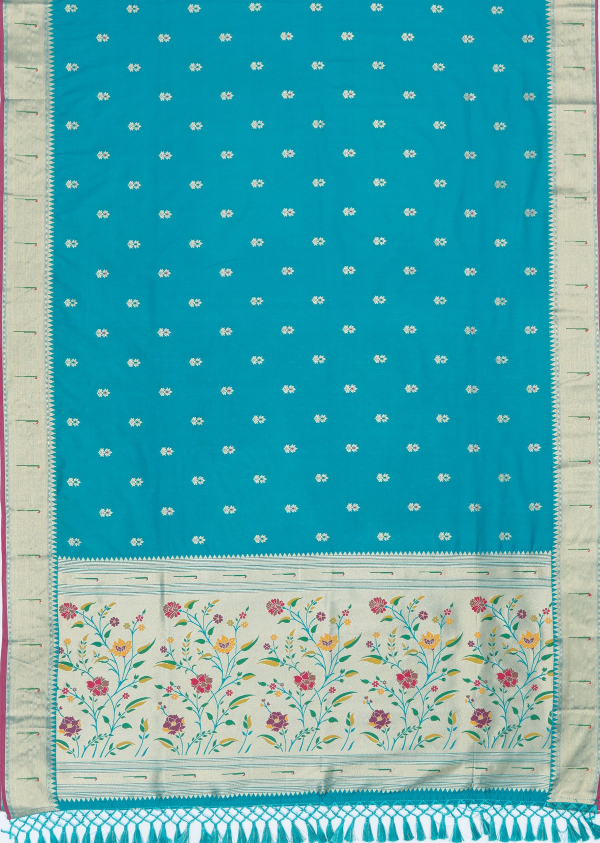 Morpankhi Blue Katan Silk Paithani Saree with Rose Meena butti, Munya border and Brocade blouse