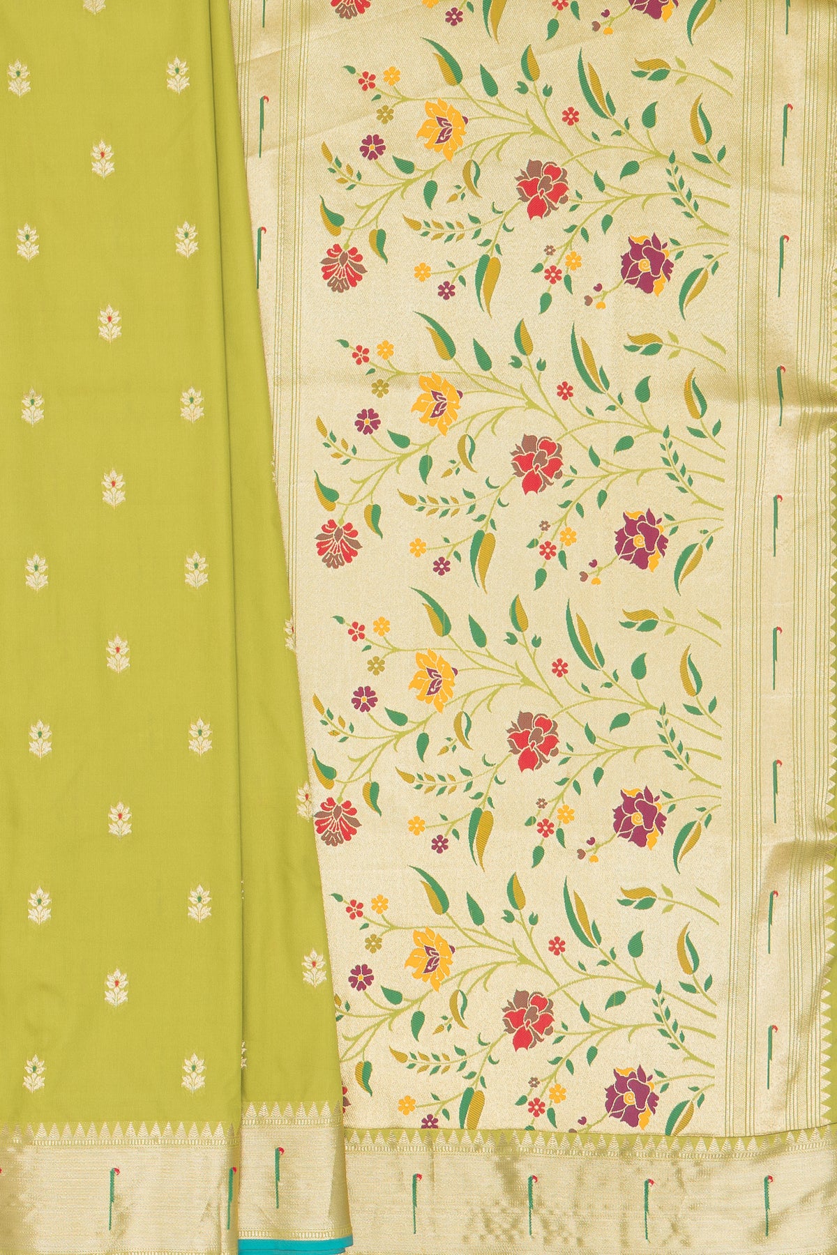 Parrot Green Katan Silk Paithani Saree with Rose Meena butti, Munya border and Brocade blouse