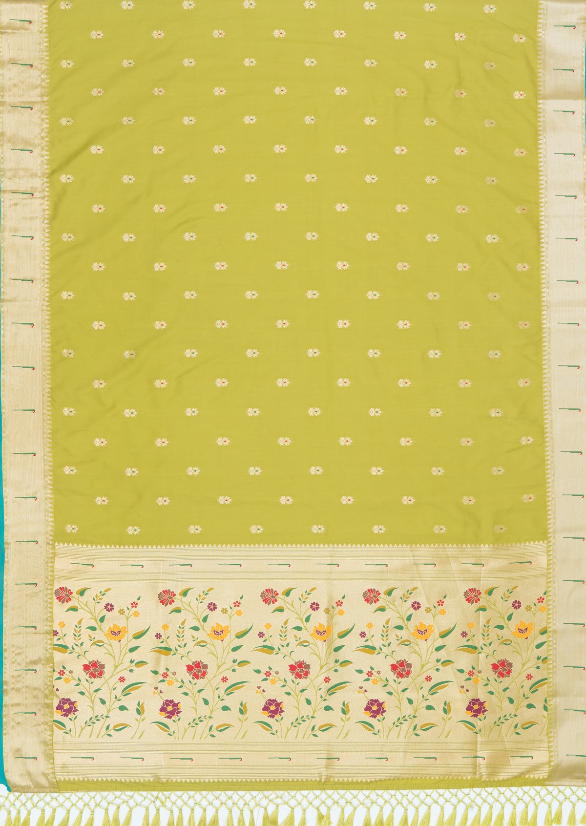 Parrot Green Katan Silk Paithani Saree with Rose Meena butti, Munya border and Brocade blouse