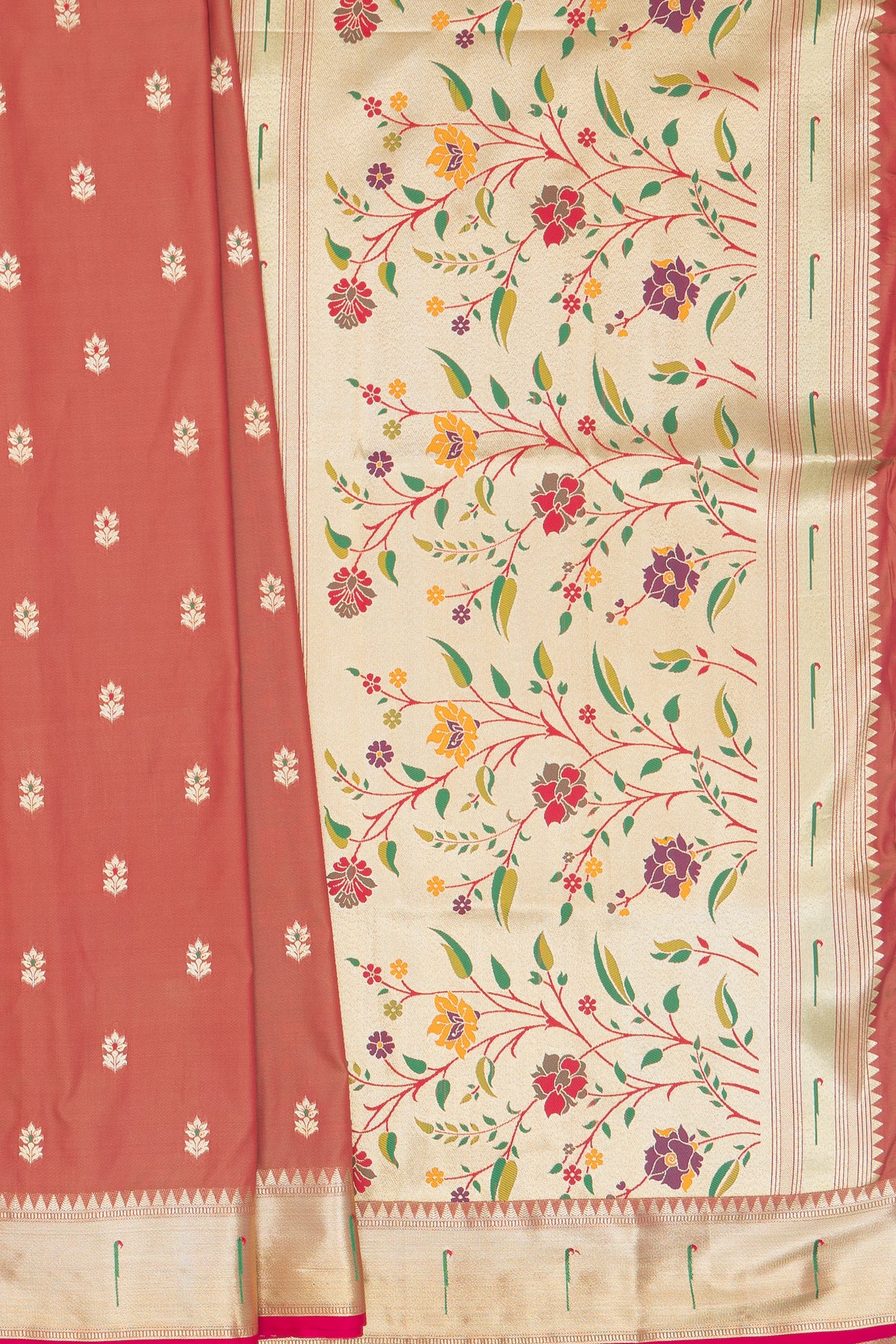 Dhoop Chaon Rust Katan Silk Paithani Saree with Rose Meena butti, Munya border and Brocade blouse