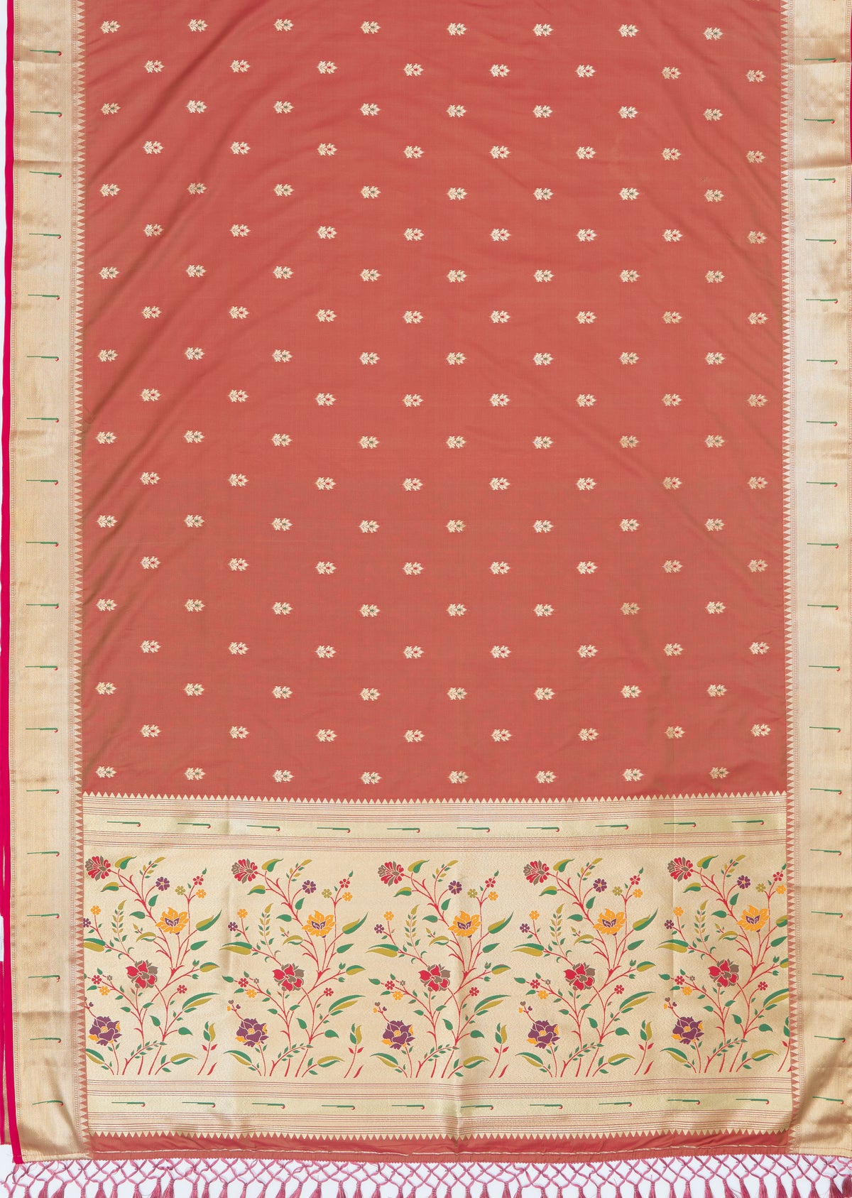 Dhoop Chaon Rust Katan Silk Paithani Saree with Rose Meena butti, Munya border and Brocade blouse