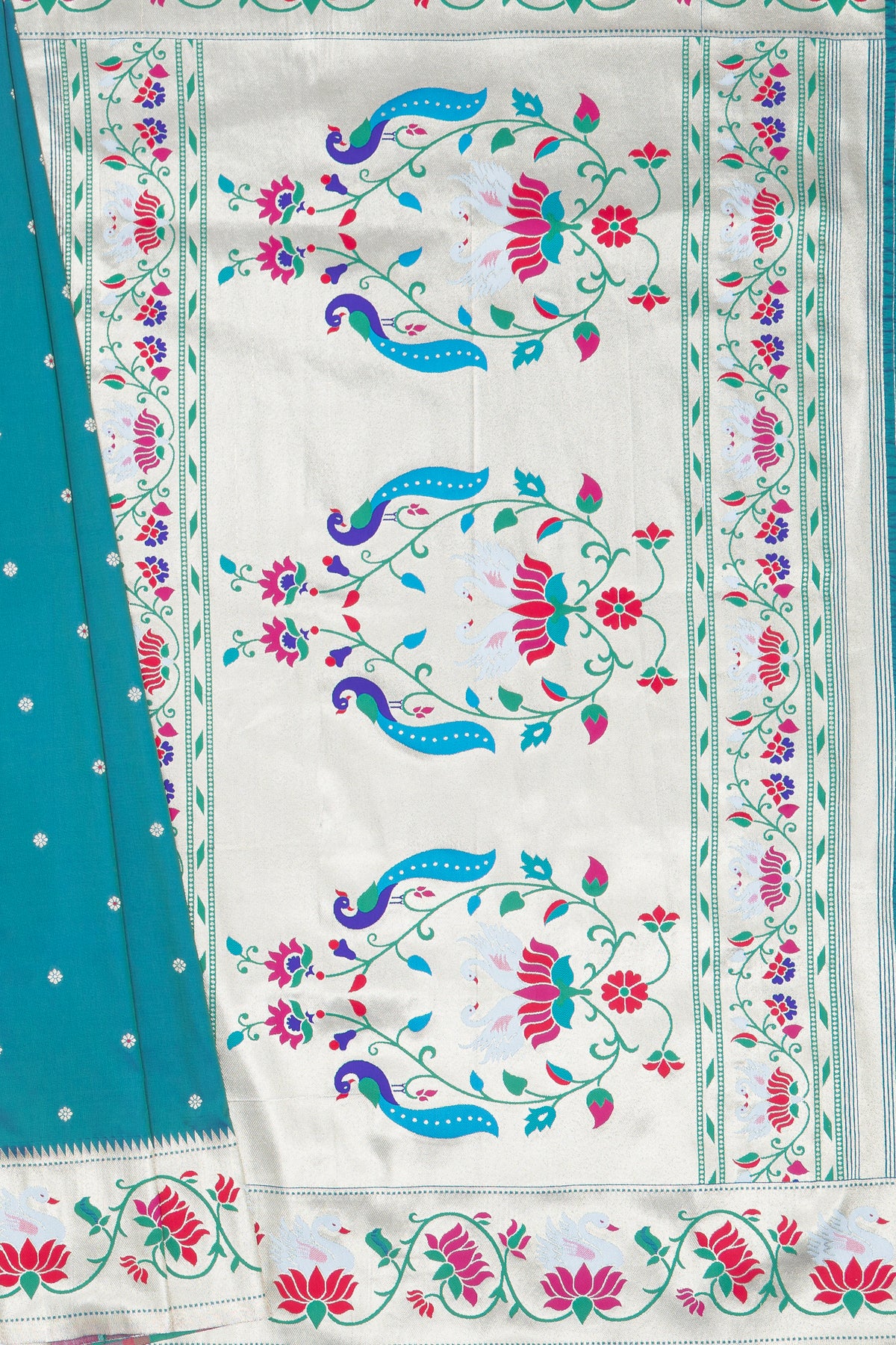 Morpankhi Blue Apurva Silk Paithani Saree with Star Meena butti, and Rajhans Pallu
