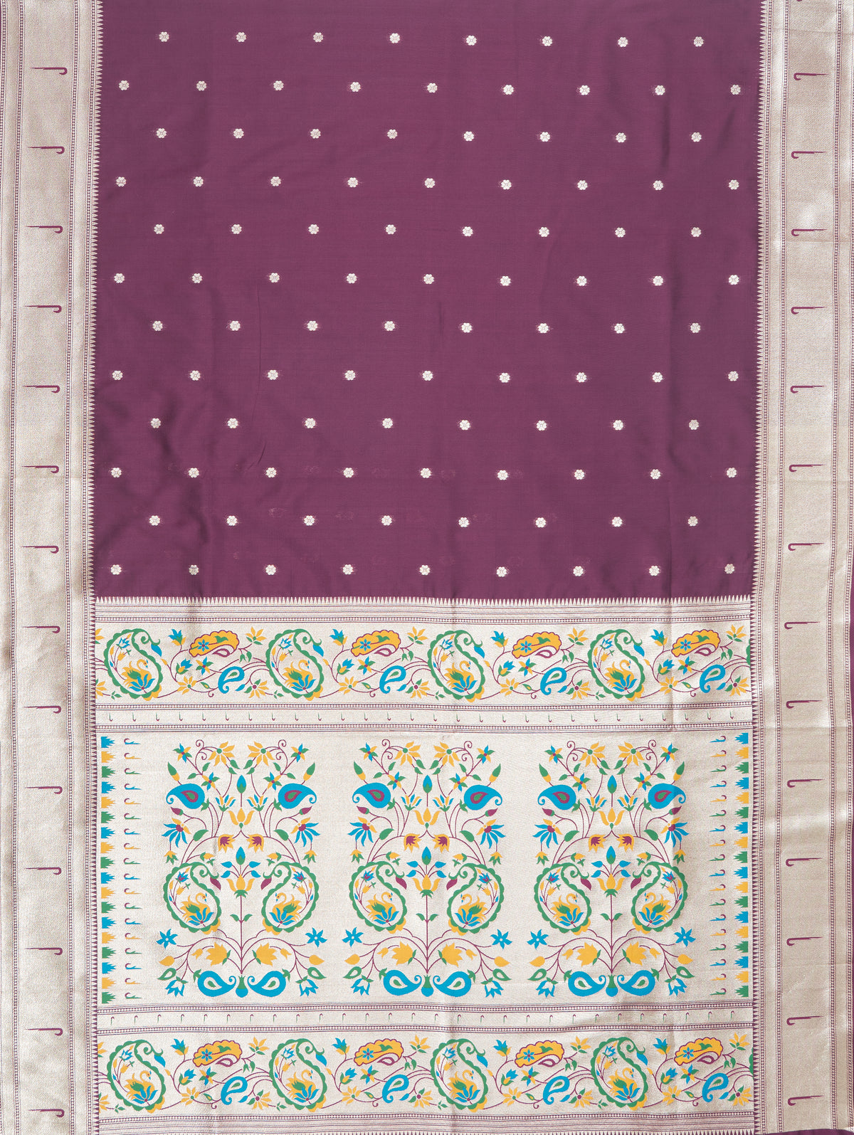 Wine Apurva Silk Paithani Saree with Sitaara butti, Muniya border and Resham threadwork Floral Pallu