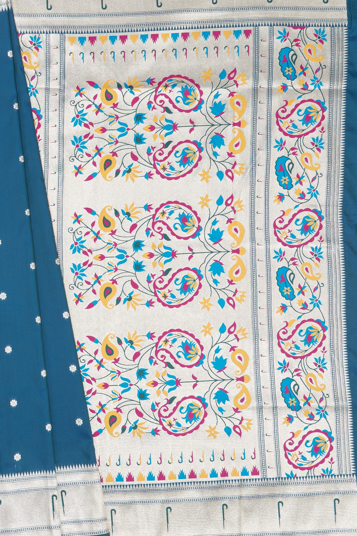 Peacock Blue Apurva Silk Paithani Saree with Sitaara butti, Muniya border and Resham threadwork Floral Pallu