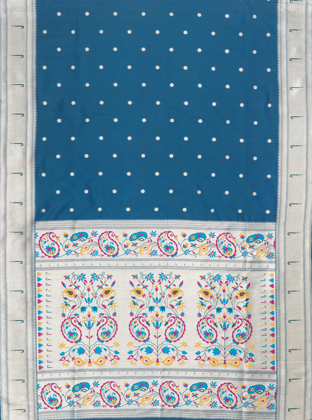 Peacock Blue Apurva Silk Paithani Saree with Sitaara butti, Muniya border and Resham threadwork Floral Pallu