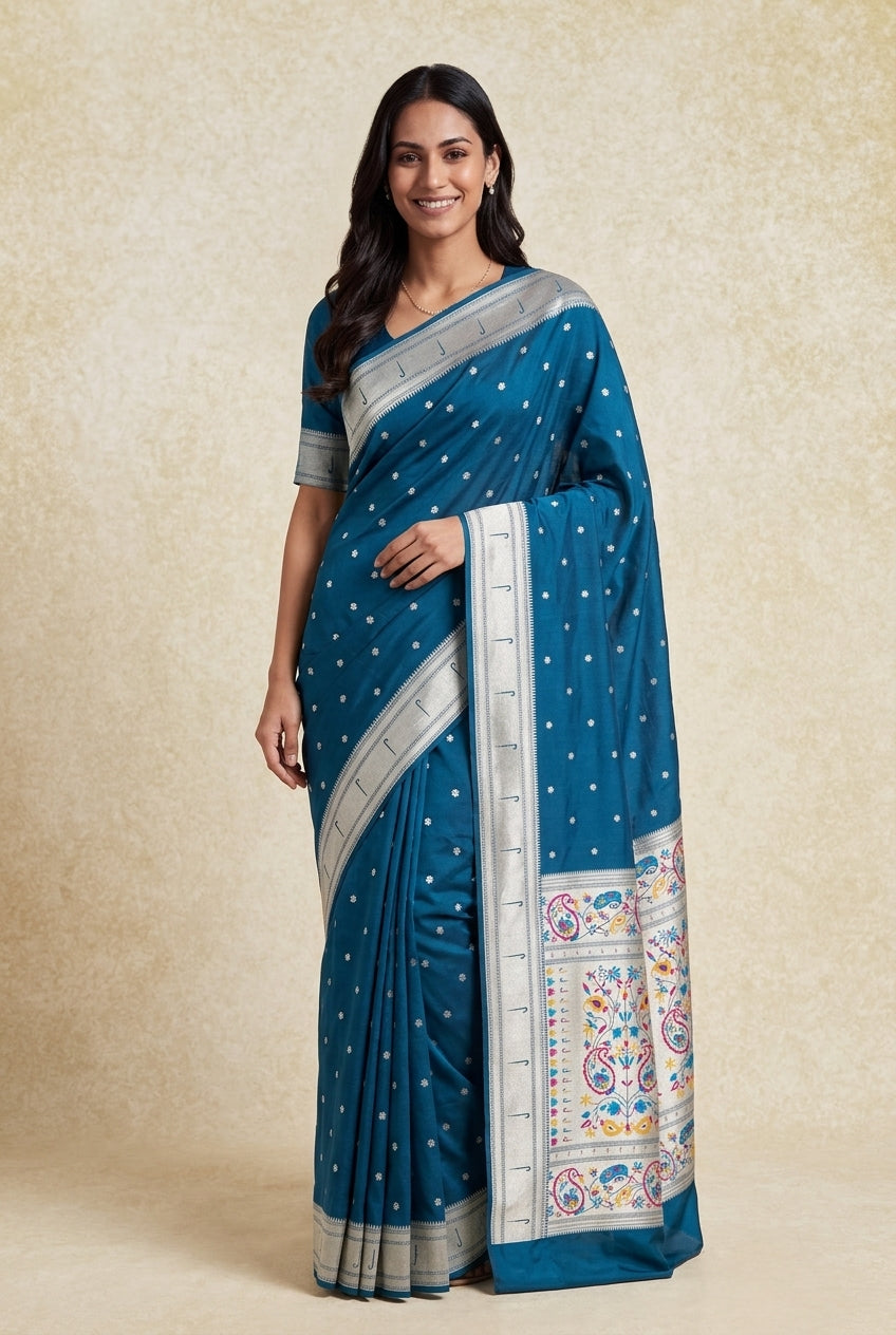 Peacock Blue Apurva Silk Paithani Saree with Sitaara butti, Muniya border and Resham threadwork Floral Pallu