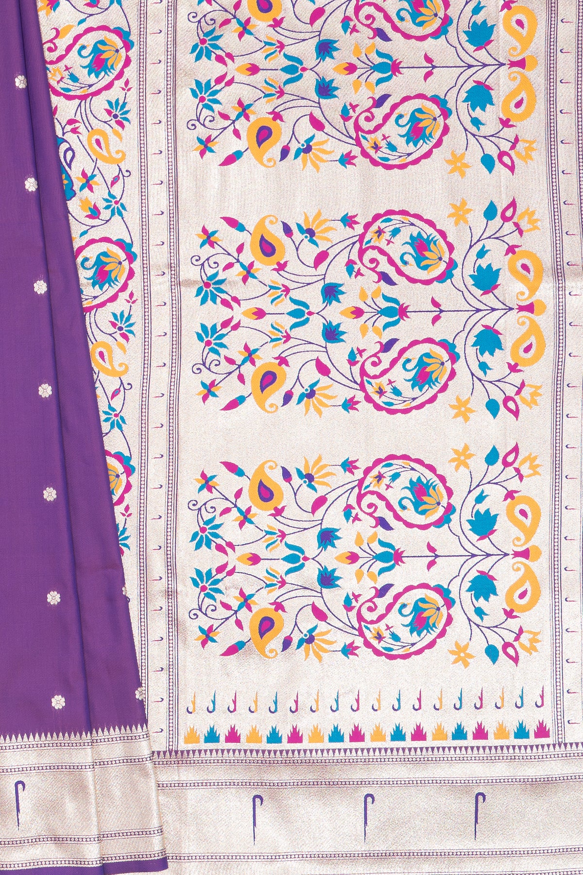 Plum Purple Apurva Silk Paithani Saree with Sitaara butti, Muniya border and Resham threadwork Floral Pallu