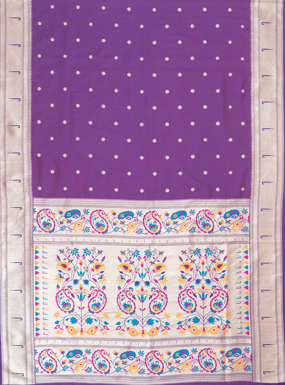 Plum Purple Apurva Silk Paithani Saree with Sitaara butti, Muniya border and Resham threadwork Floral Pallu