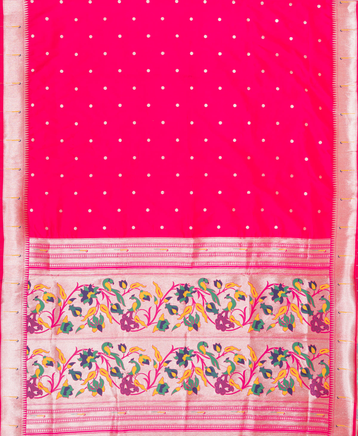 Berry Pink Apurva Silk Paithani Saree with Round gold zari butti, Multi colour Muniya border, Multi Pallu and Brocade blouse