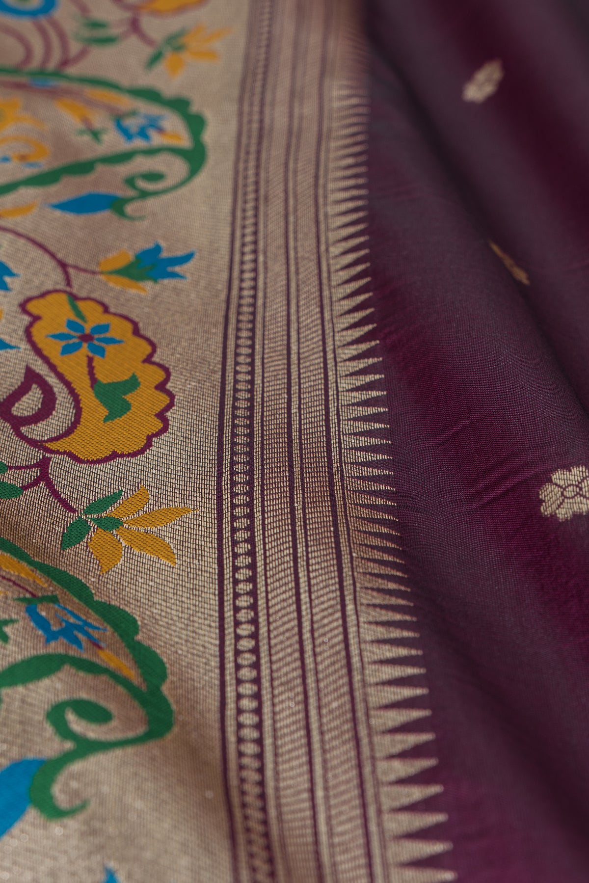 Wine Apurva Silk Paithani Saree with Sitaara butti, Muniya border and Resham threadwork Floral Pallu