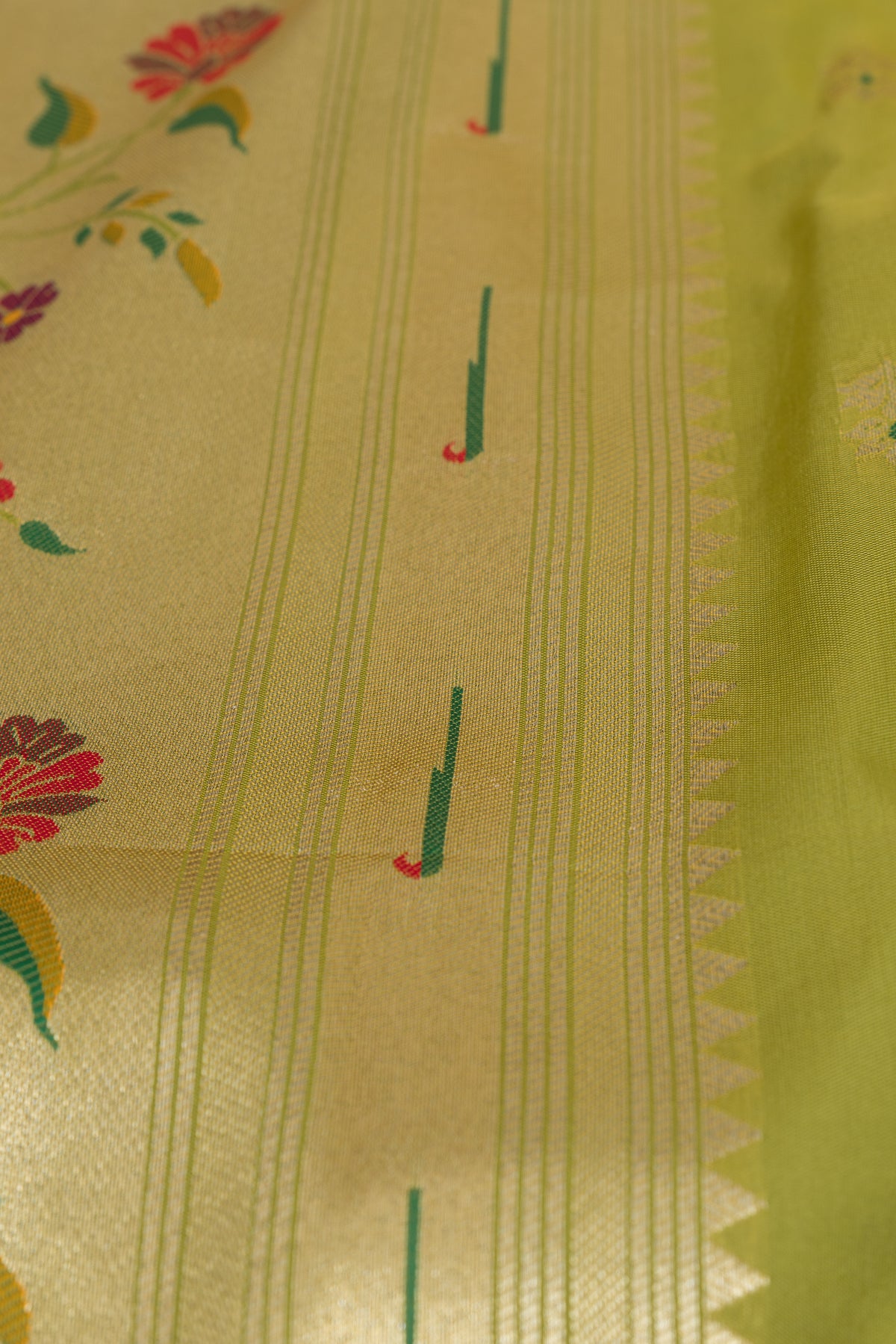 Parrot Green Katan Silk Paithani Saree with Rose Meena butti, Munya border and Brocade blouse