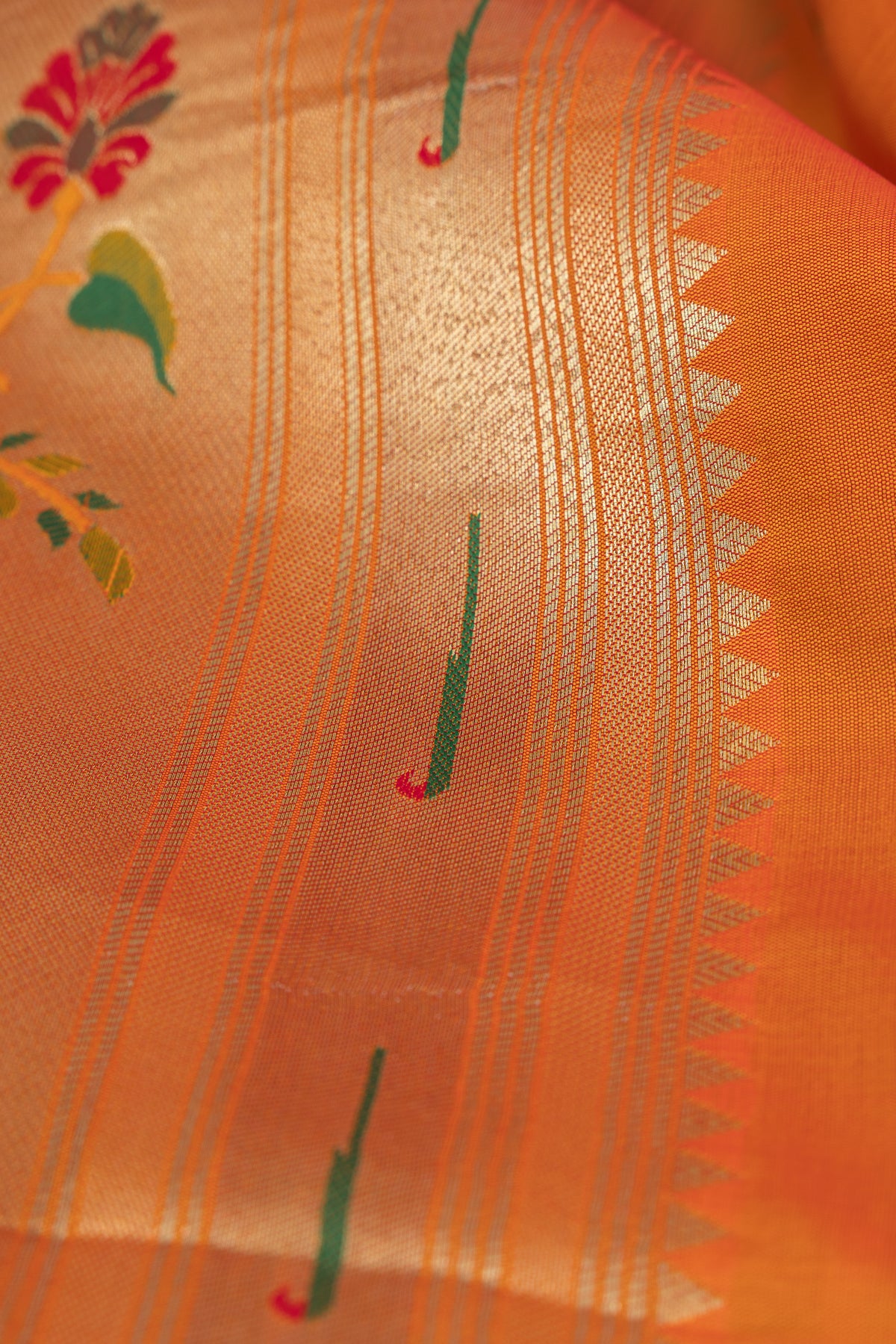 Kesari Orange Katan Silk Paithani Saree with Rose Meena butti, Munya border and Brocade blouse