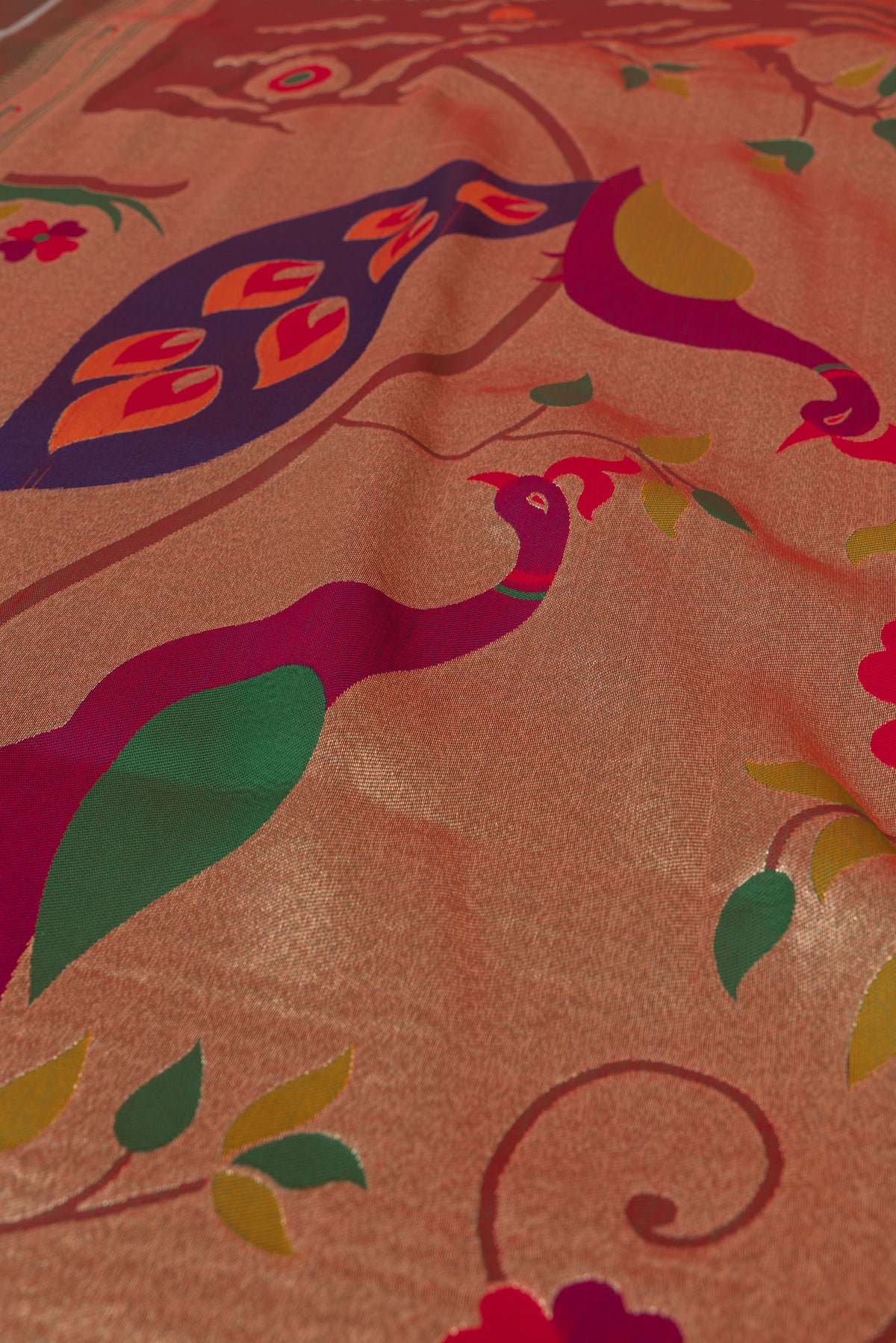 Rani Pink Katan Silk Paithani Saree with Meena butti, Muniya border and Dvi-Mayūra Vrikṣa
