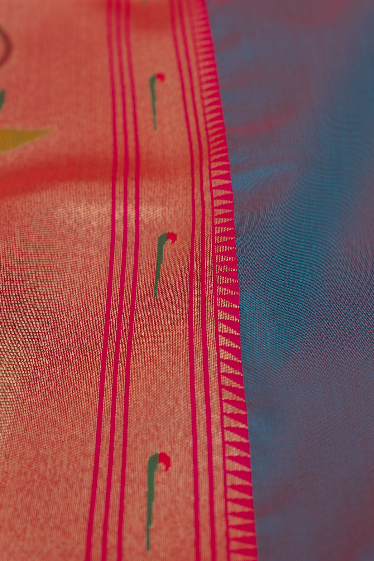Dhoop Chaon Morpankhi Blue Katan Silk Paithani Saree with Meena butti, Muniya border and Dvi-Mayūra Vrikṣa