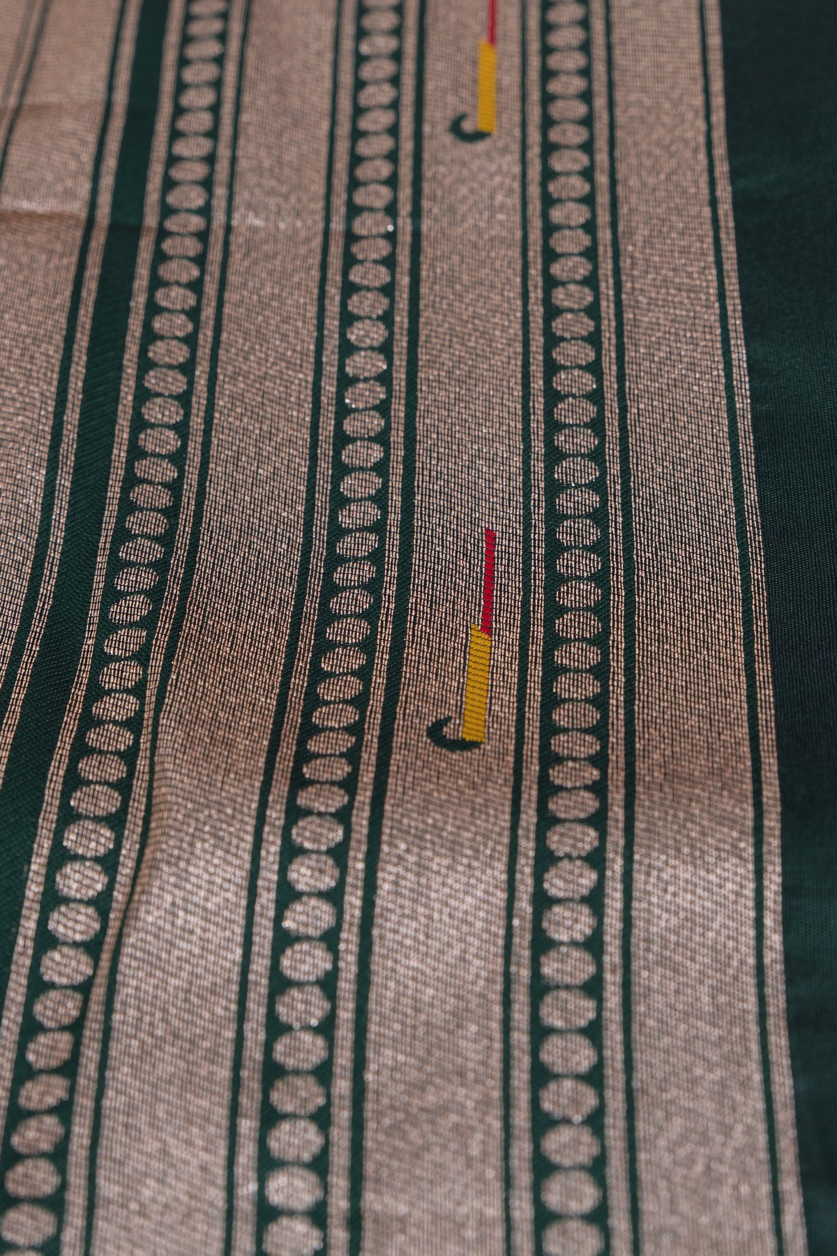 Bottle Green Apurva Silk Paithani Saree with Round gold zari butti, Multi colour Muniya border, Multi Pallu and Brocade blouse