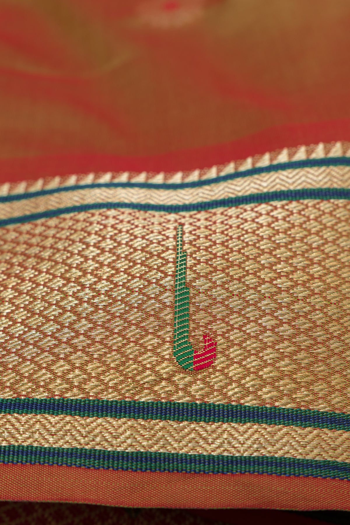 Mehndi Gold Katan Silk Paithani Saree with Meena butti, Muniya border and Dvi-Mayūra Vrikṣa