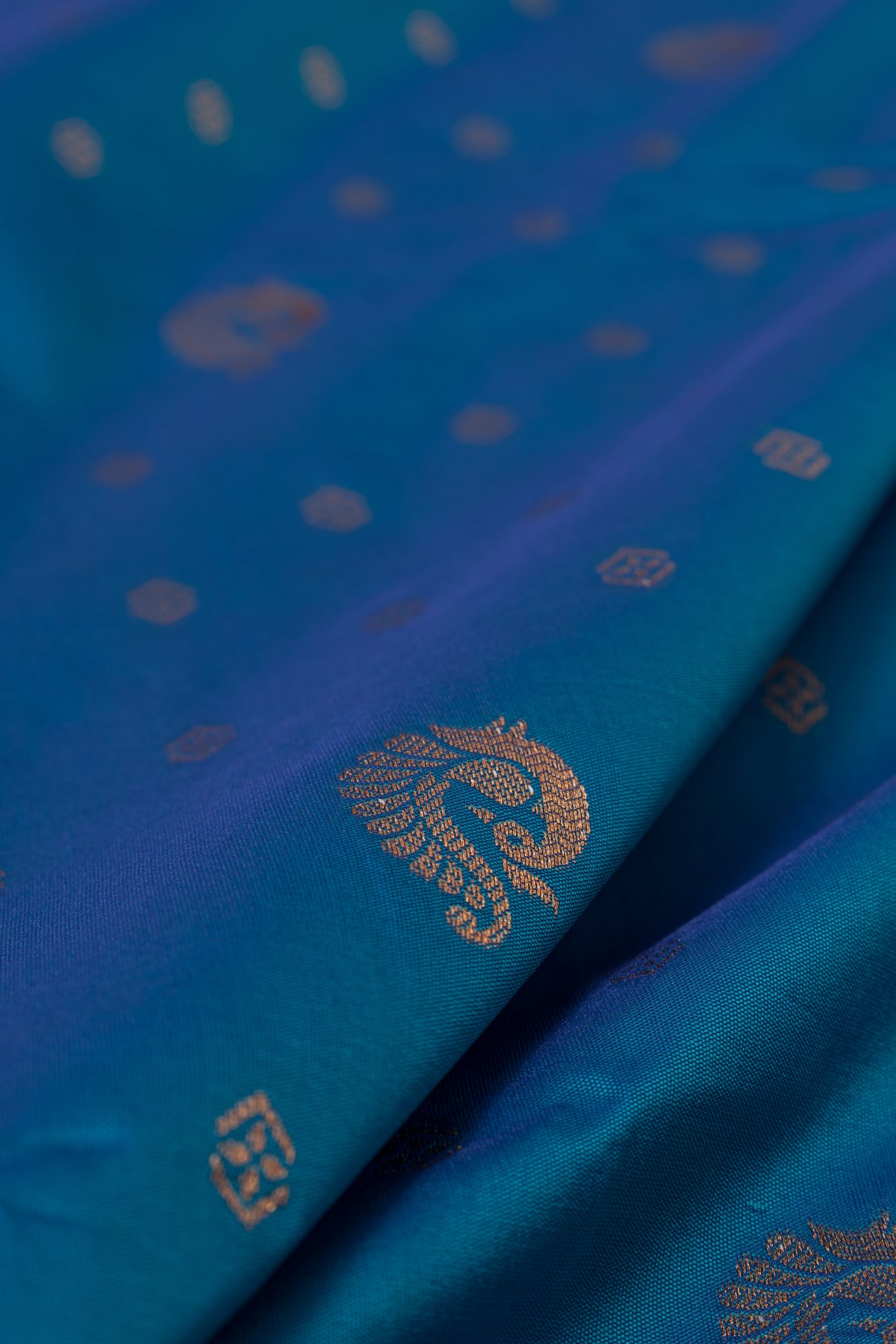 Chintamani Blue Apurva Silk Paithani Saree with Meena butti, gold zari and Ṣaṭmayūrapallu