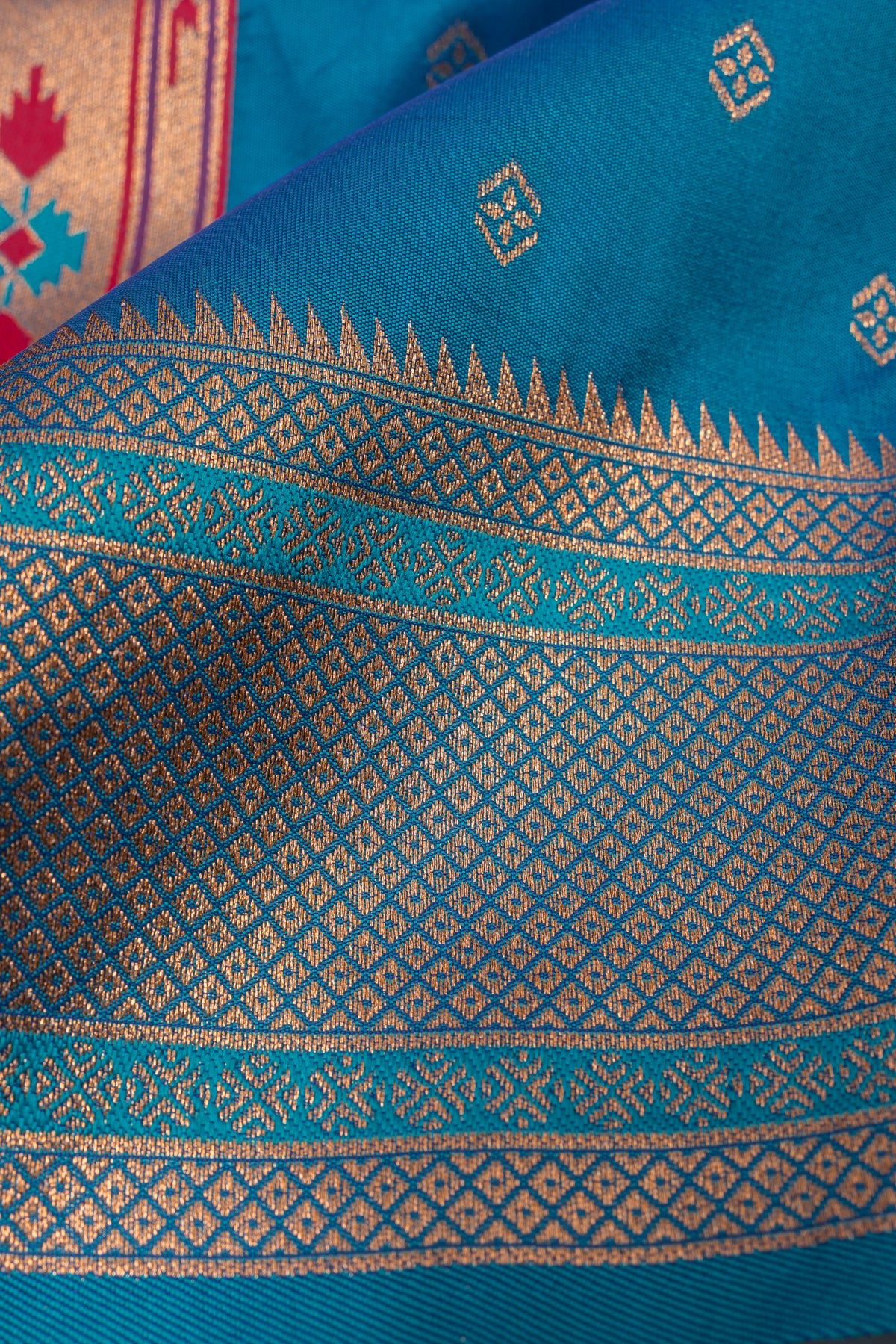 Chintamani Blue Apurva Silk Paithani Saree with Meena butti, gold zari and Ṣaṭmayūrapallu