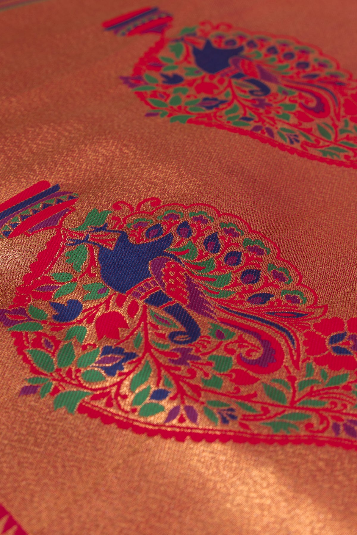 Ruby Red Apurva Silk Paithani Saree with Meena butti, gold zari and Ṣaṭmayūrapallu