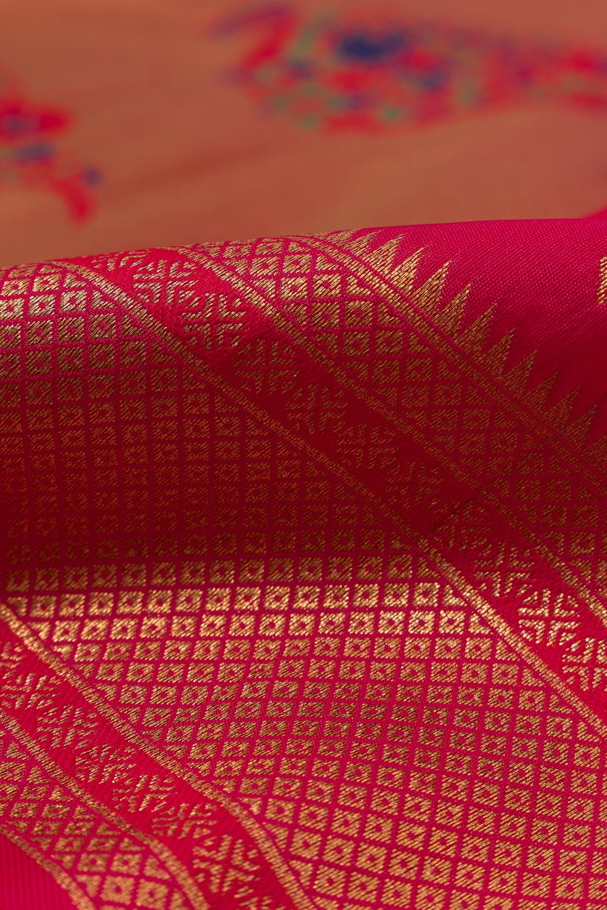 Ruby Red Apurva Silk Paithani Saree with Meena butti, gold zari and Ṣaṭmayūrapallu