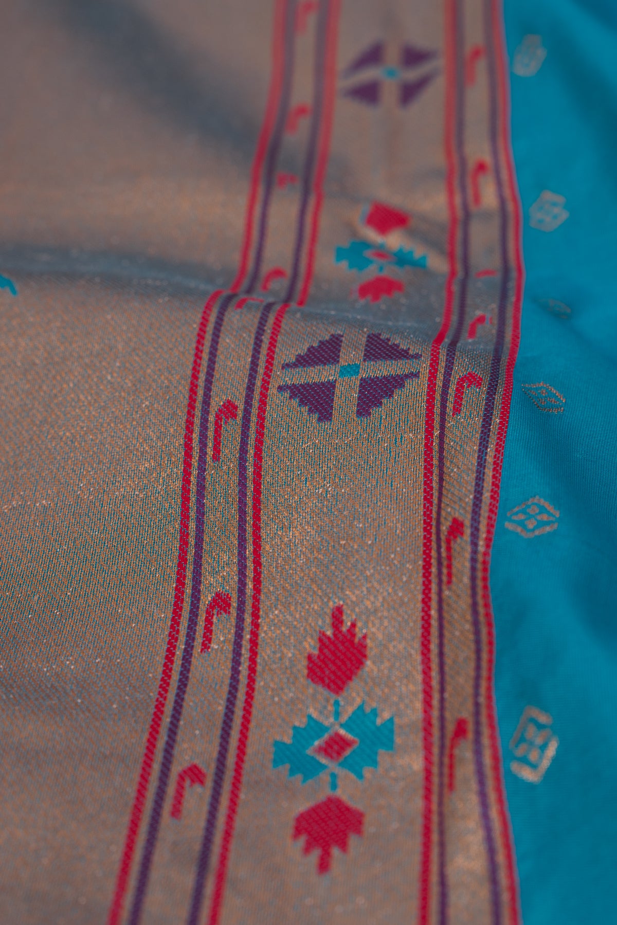 Ferozi Blue Apurva Silk Paithani Saree with Meena butti, gold zari and Ṣaṭmayūrapallu