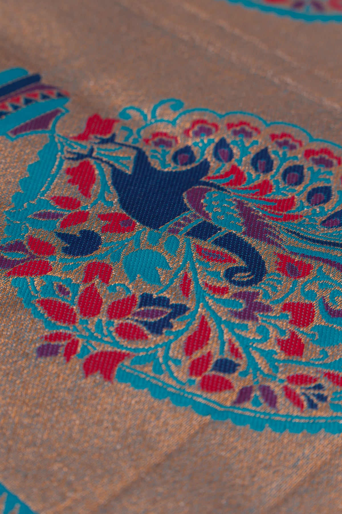 Ferozi Blue Apurva Silk Paithani Saree with Meena butti, gold zari and Ṣaṭmayūrapallu