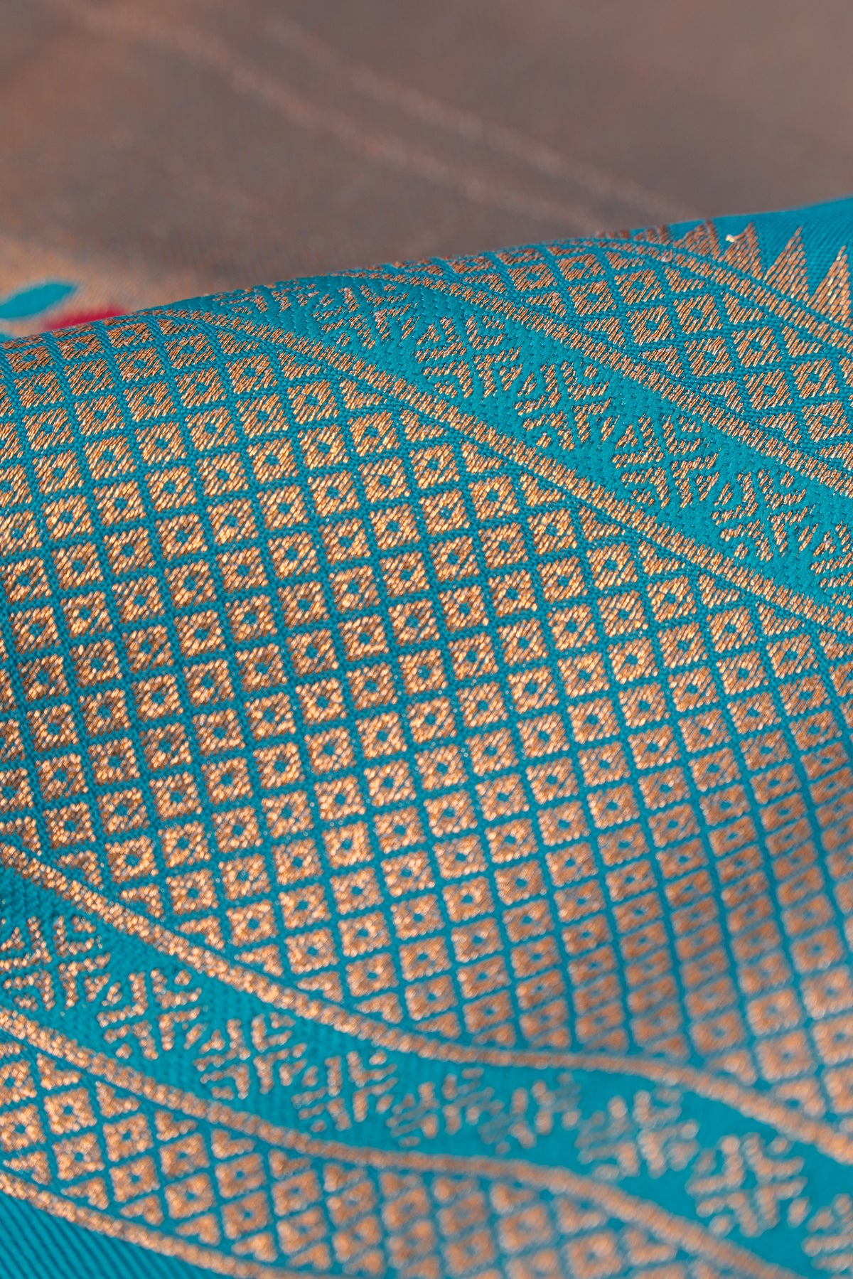 Ferozi Blue Apurva Silk Paithani Saree with Meena butti, gold zari and Ṣaṭmayūrapallu
