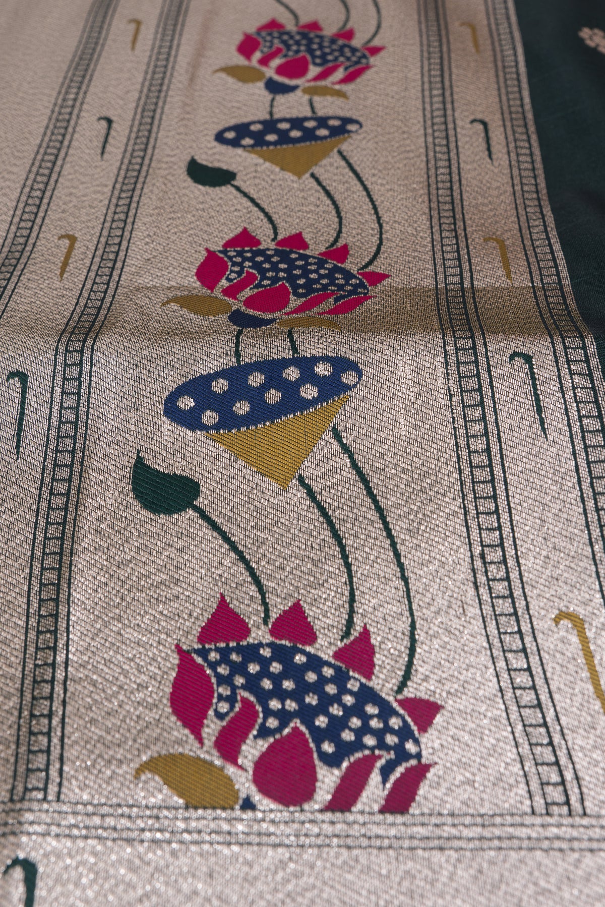 Bottle Green Apurva Silk Paithani Saree with Triple Muniya border and Lotus Pallu