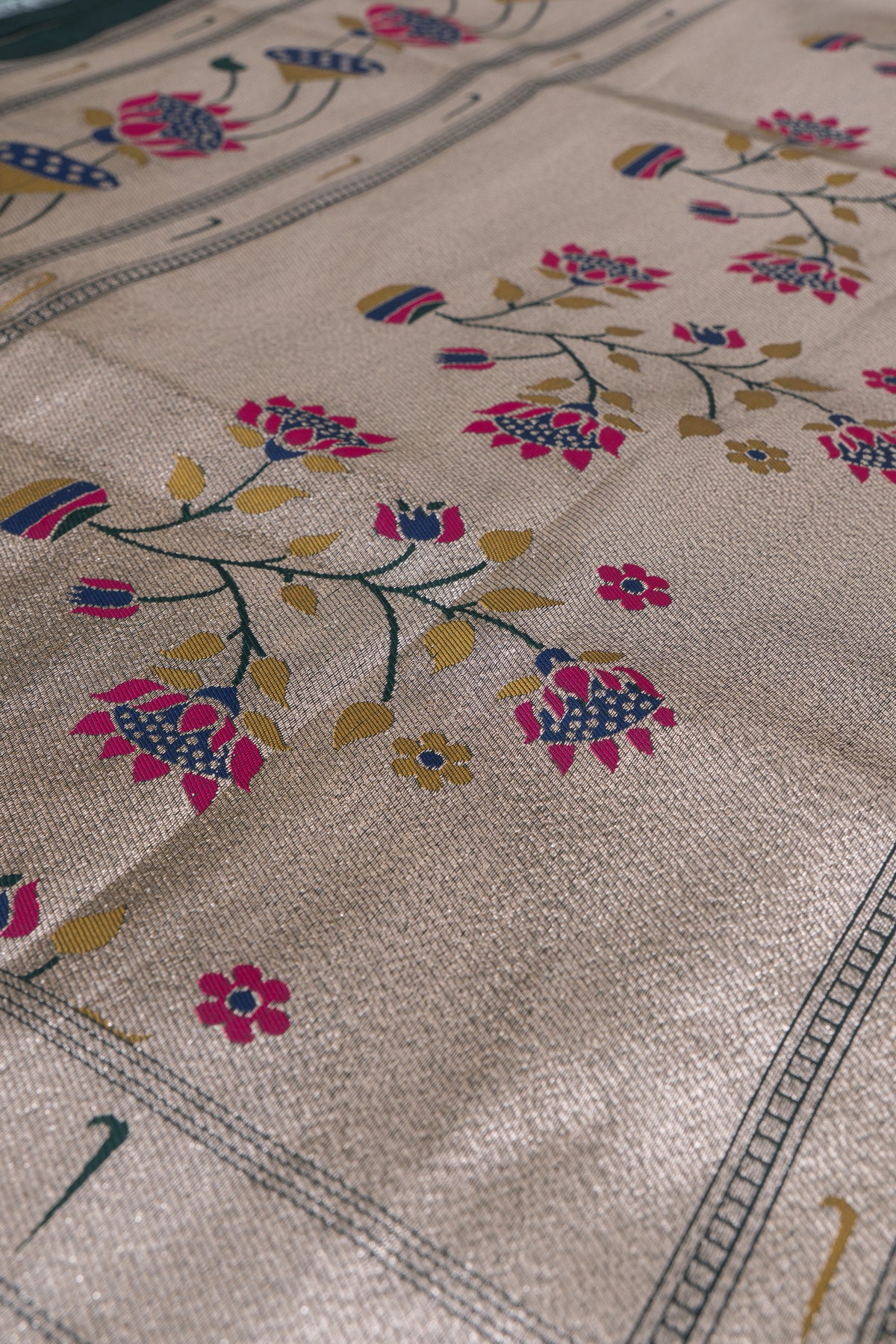 Bottle Green Apurva Silk Paithani Saree with Triple Muniya border and Lotus Pallu