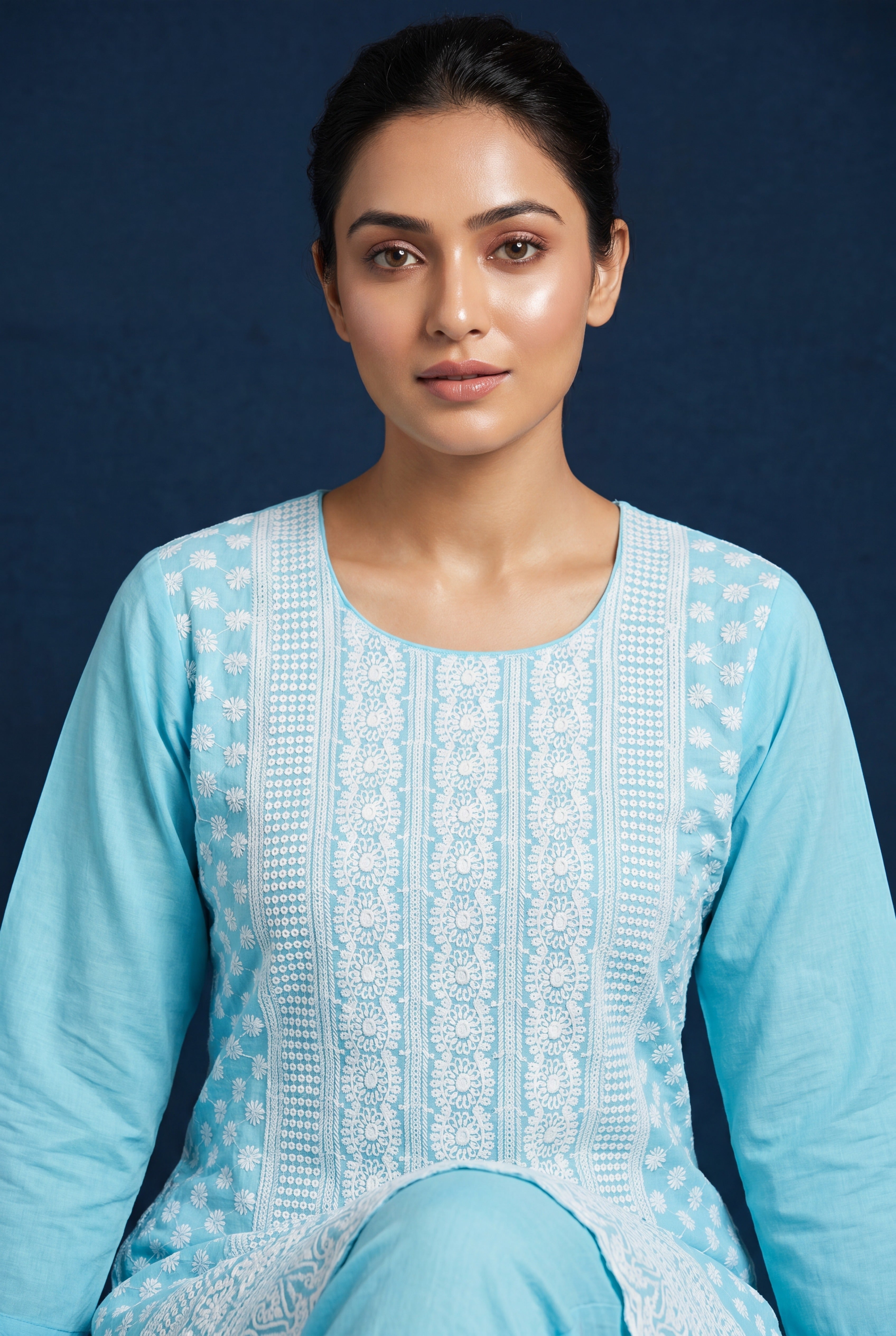 Baby Blue Neelambra Cotton Kurti with Chikankari Embroidary