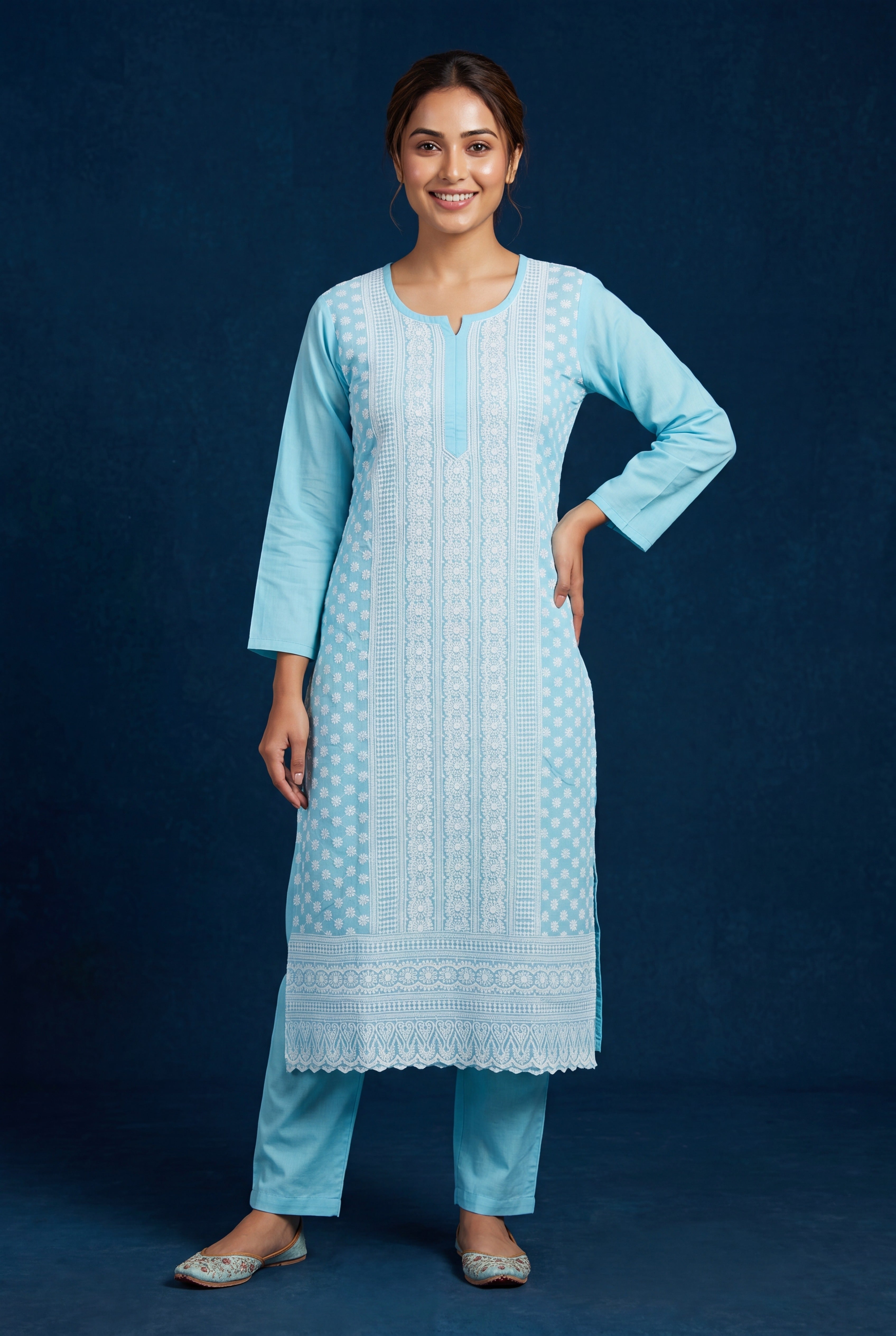 Baby Blue Neelambra Cotton Kurti with Chikankari Embroidary