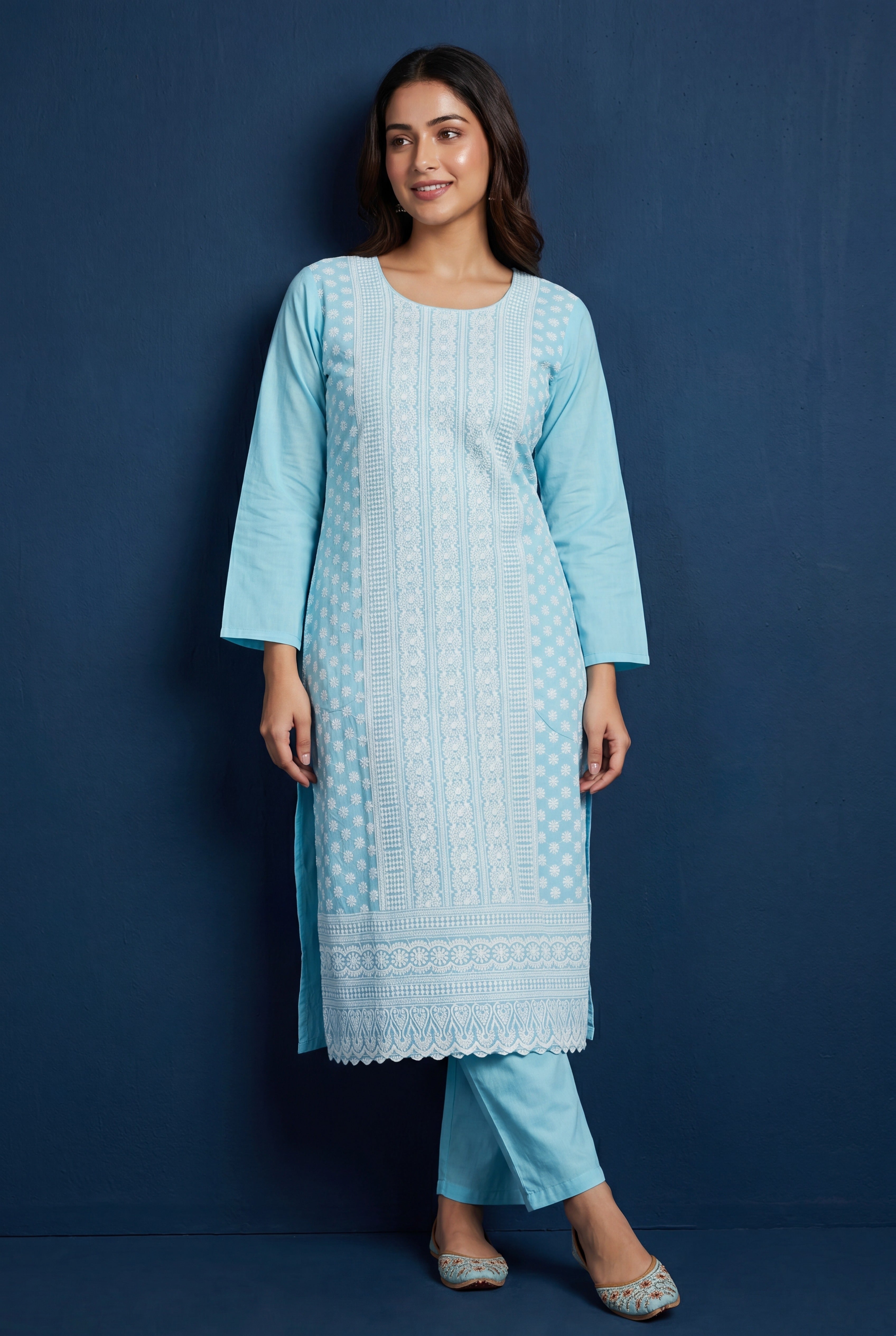 Baby Blue Neelambra Cotton Kurti with Chikankari Embroidary