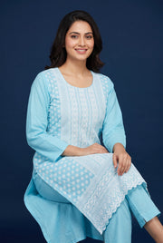 Baby Blue Neelambra Cotton Kurti with Chikankari Embroidary