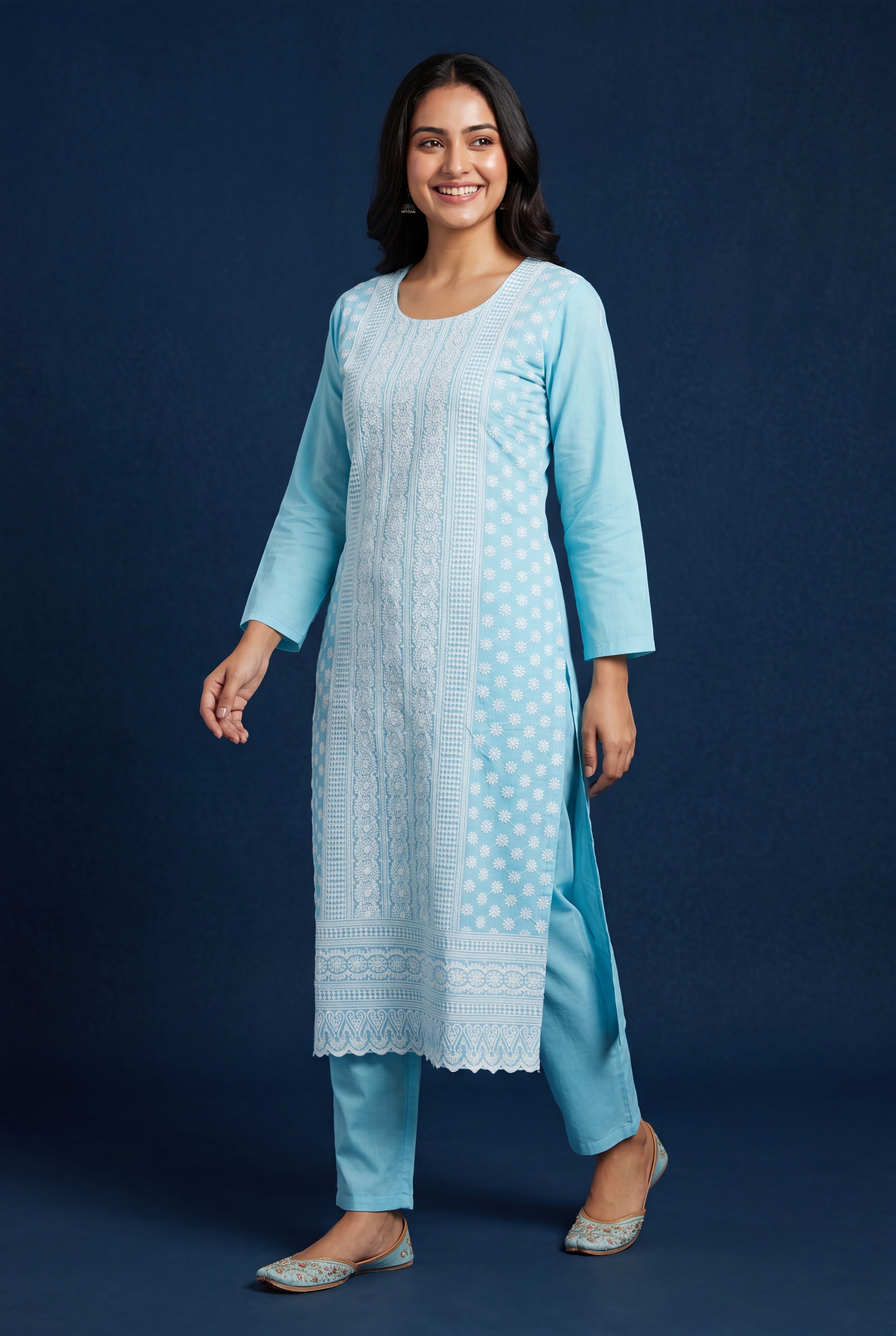 Baby Blue Neelambra Cotton Kurti with Chikankari Embroidary