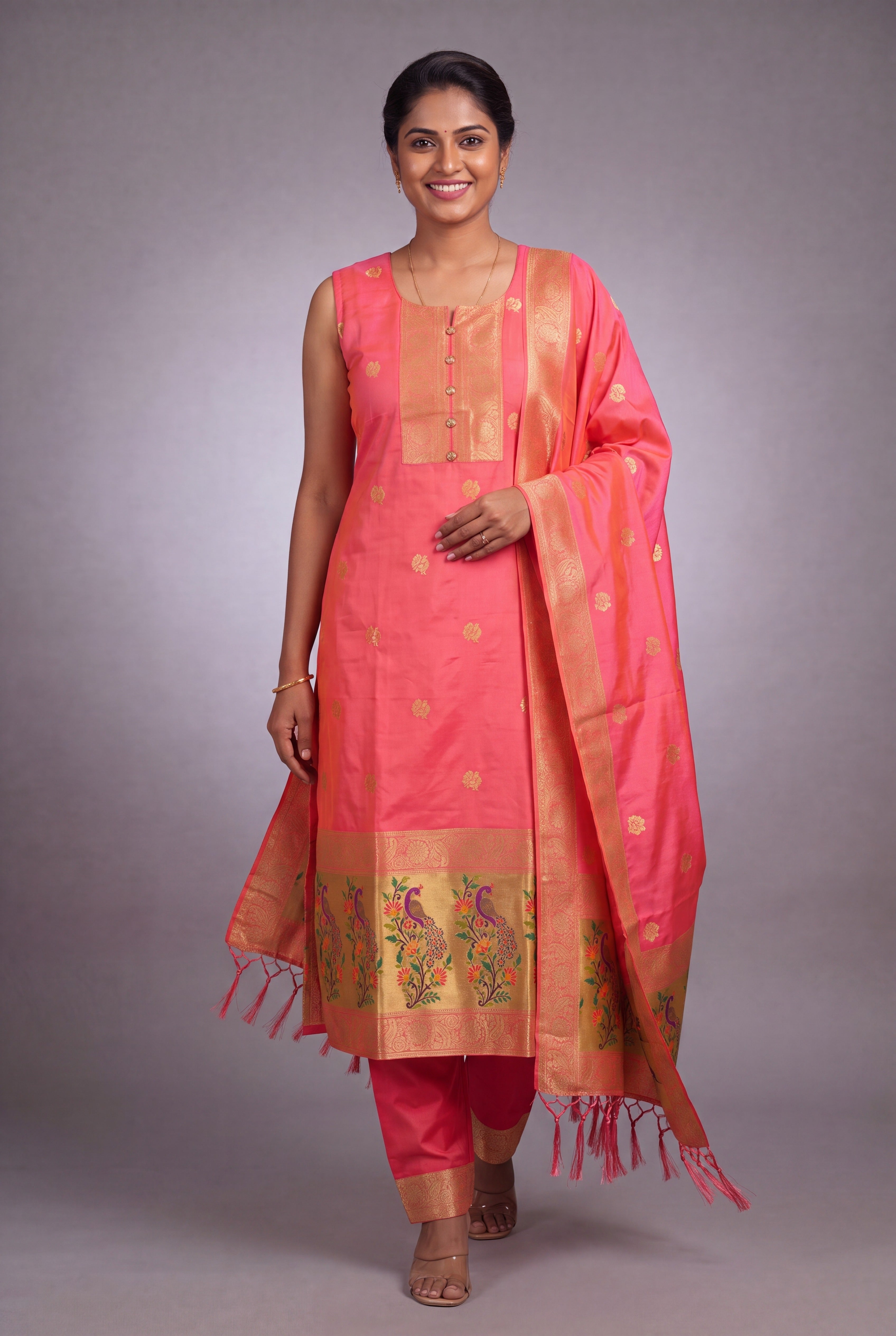 Baby Peach Soft Silk Paithani Suit Set with Resham threadwork