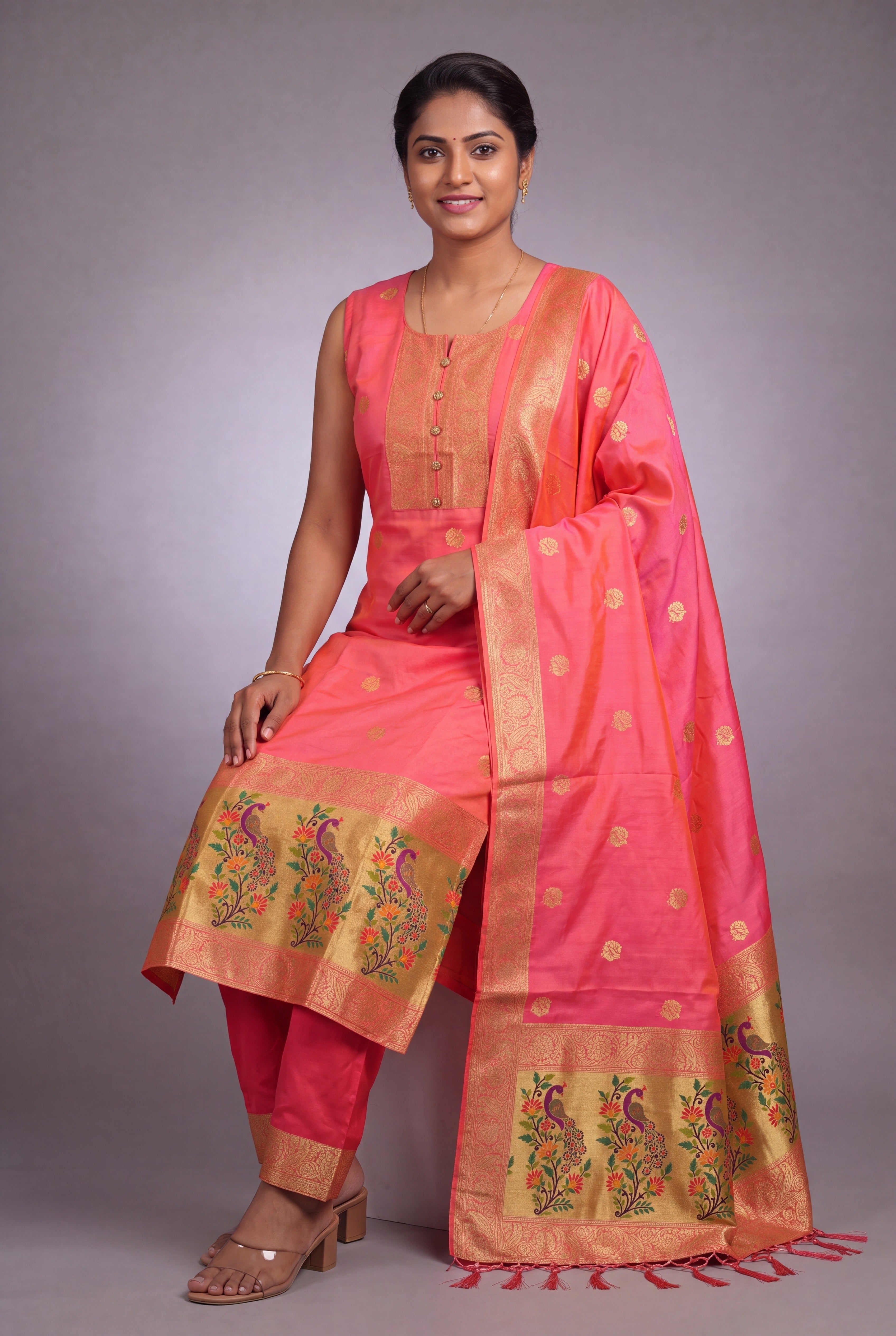 Baby Peach Soft Silk Paithani Suit Set with Resham threadwork
