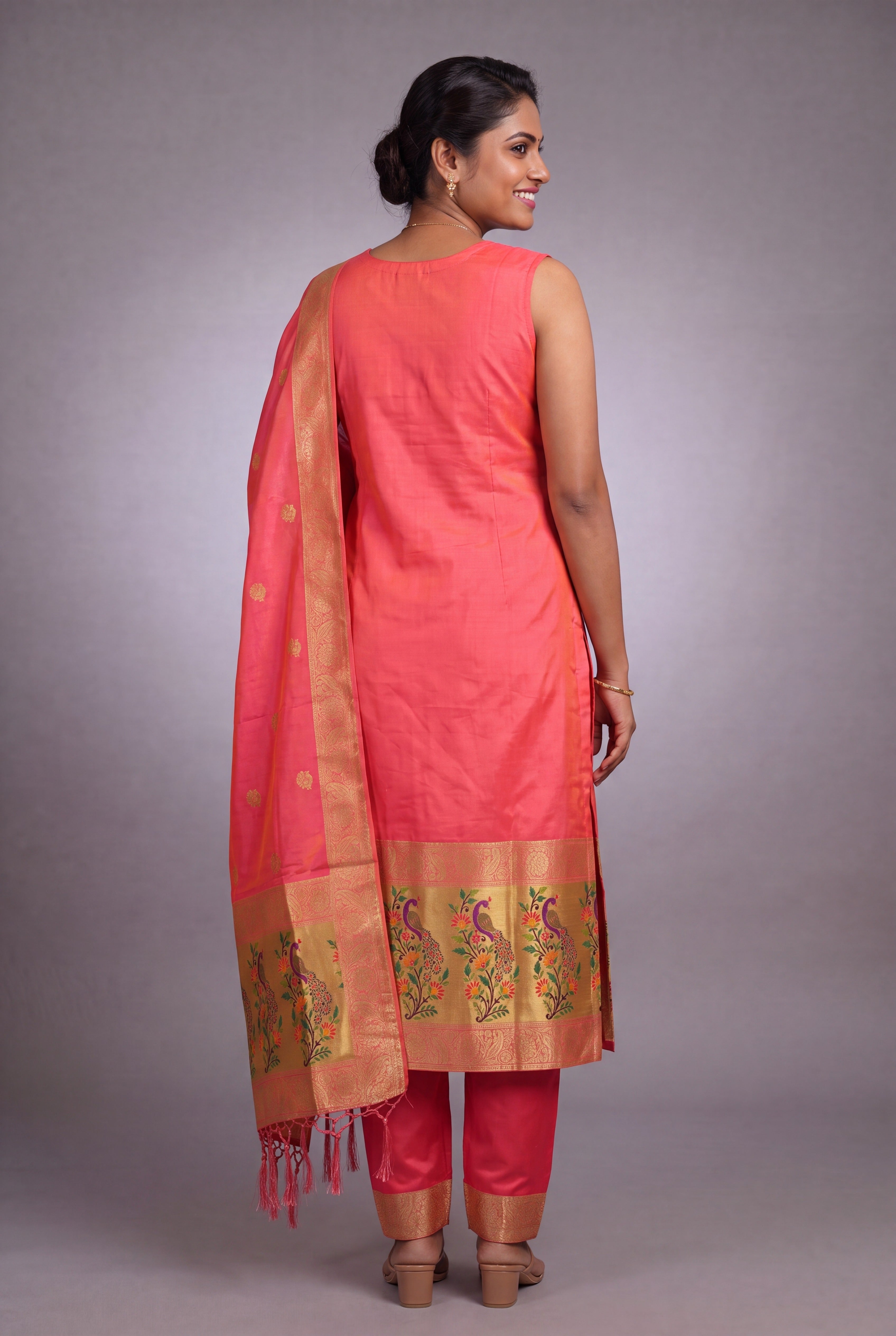 Baby Peach Soft Silk Paithani Suit Set with Resham threadwork