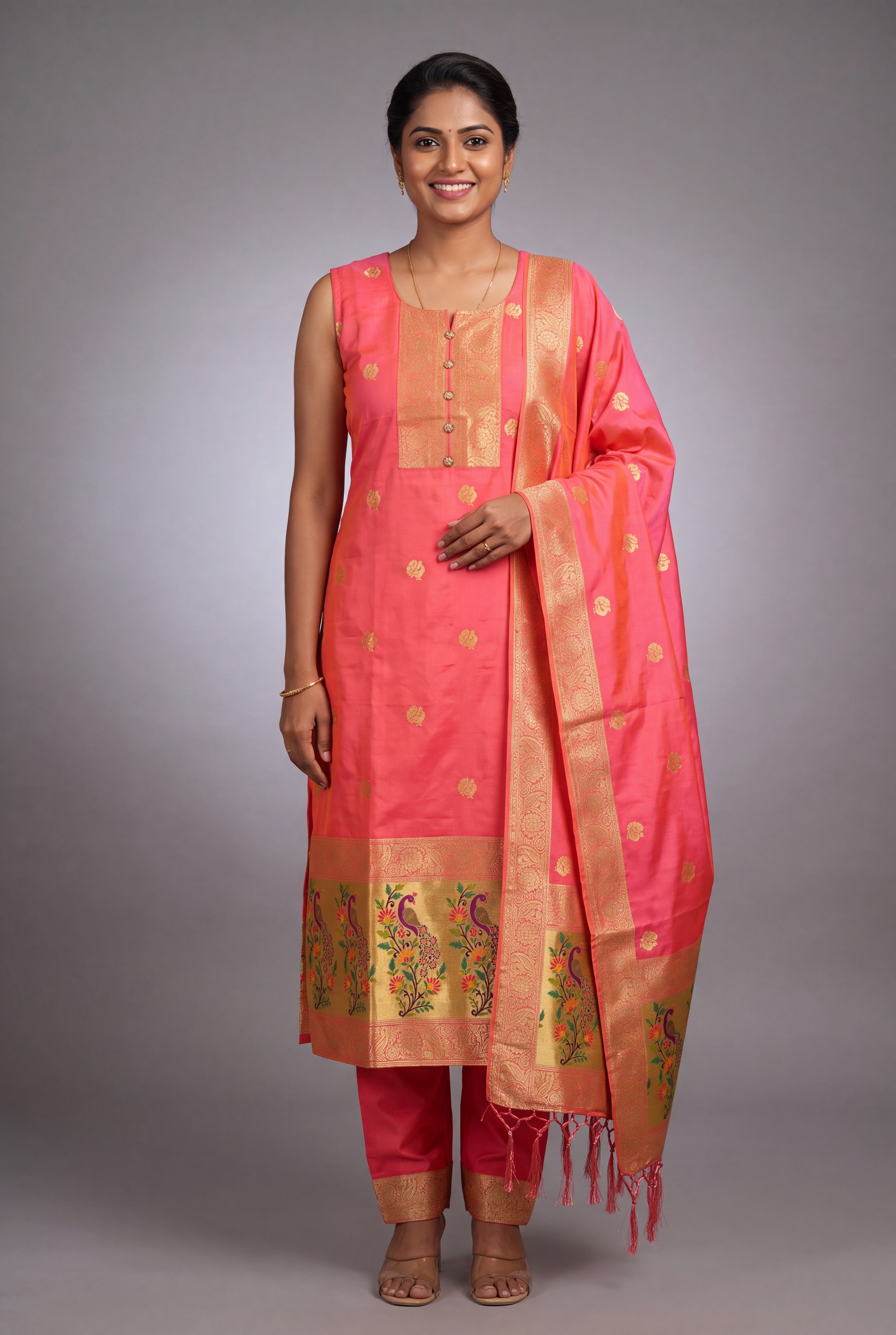Baby Peach Soft Silk Paithani Suit Set with Resham threadwork