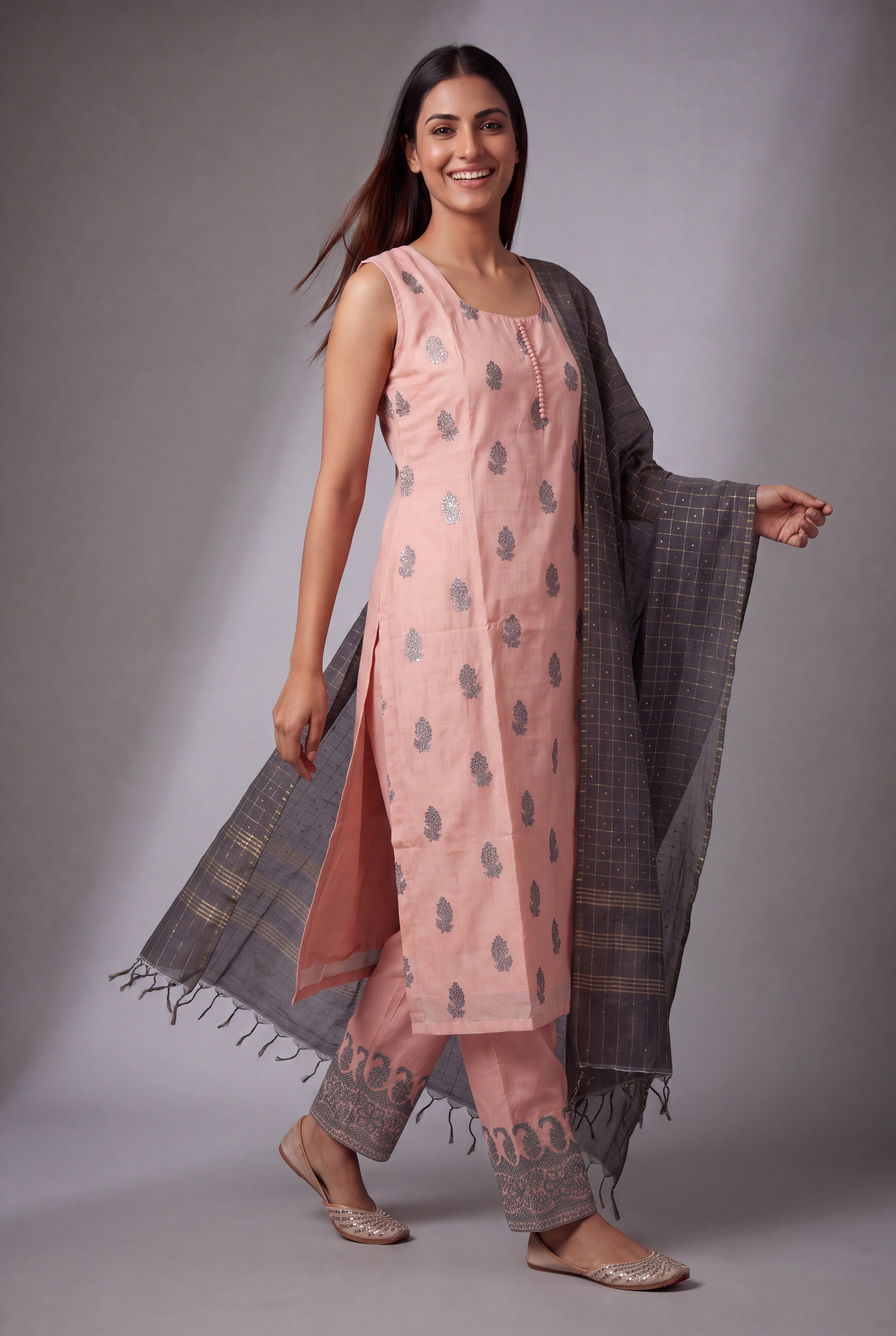 Baby Peach Soft Silk Suit Set with Krishnakusuma threadwork and Sequin work